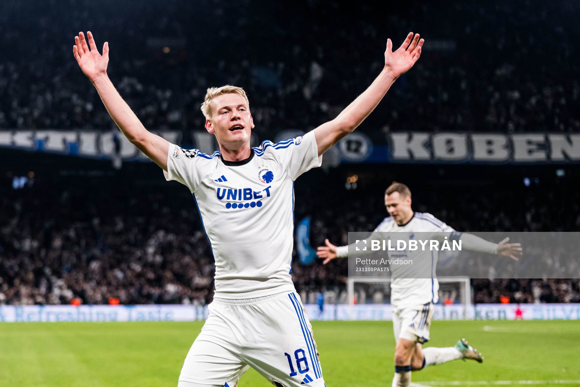 Orri Oskarsson of FC Copenhagen celebrates during the UEFA Champions League football match between FC Copenhagen and Manchester United on November 8, 2023 in Copenhagen.