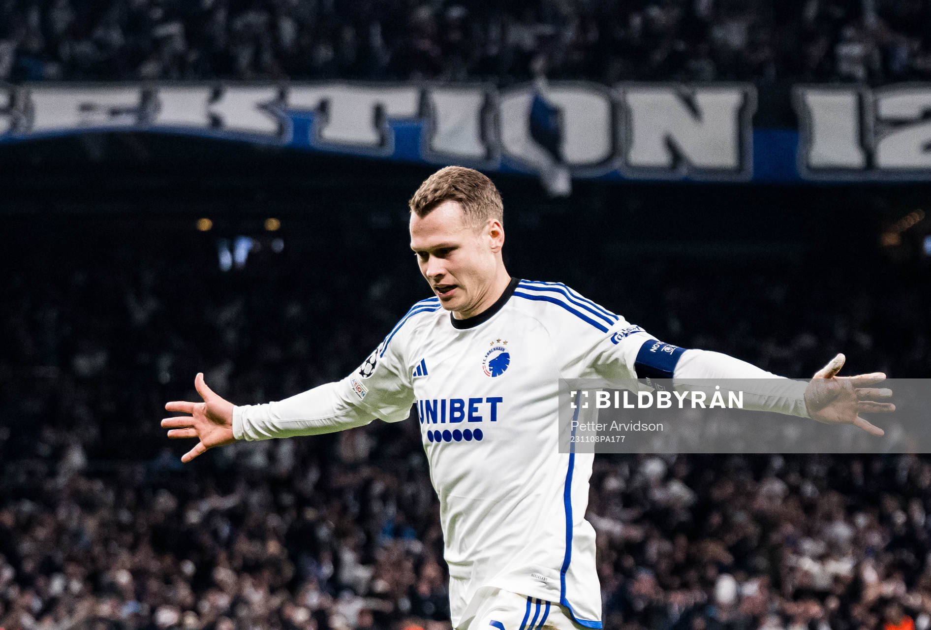 Viktor Claesson of FC Copenhagen celebrates during the UEFA Champions League football match between FC Copenhagen and Manchester United on November 8, 2023 in Copenhagen.
