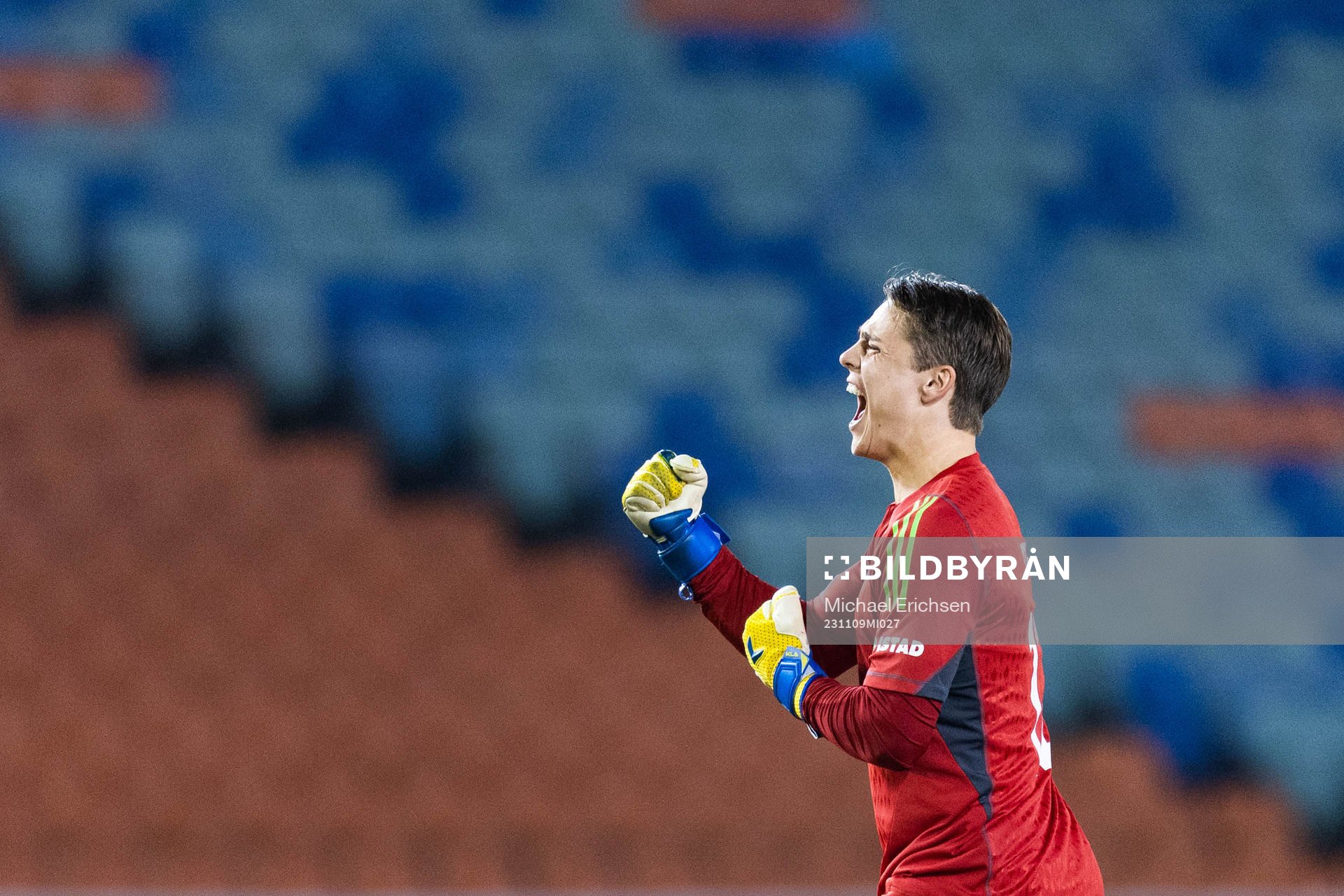 Goalkeeper Oliver Petersen of Molde celebrates after 0-2 during the UEFA Europa League football match between BK Häcken and Molde on November 9, 2023 in Göteborg. 
