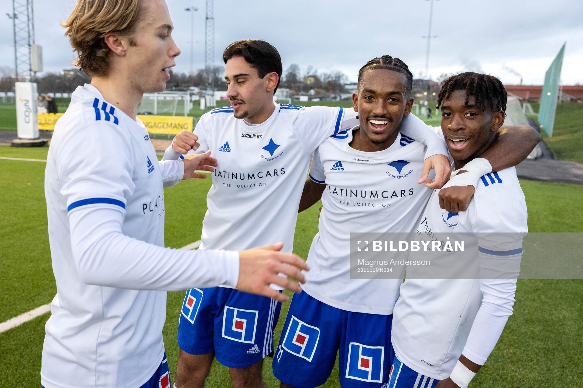 IFK Norrköpings Jesper Lindvall, Sebastian Hakim, Kia Chuko och Didace Daniele Rutsoka Burubwa jublar efter 3-0 under fotbollsmatchen i P19 Allsvenskan mellan IFK Norrköping och Helsingborg den 11 november 2023 i Norrköping.