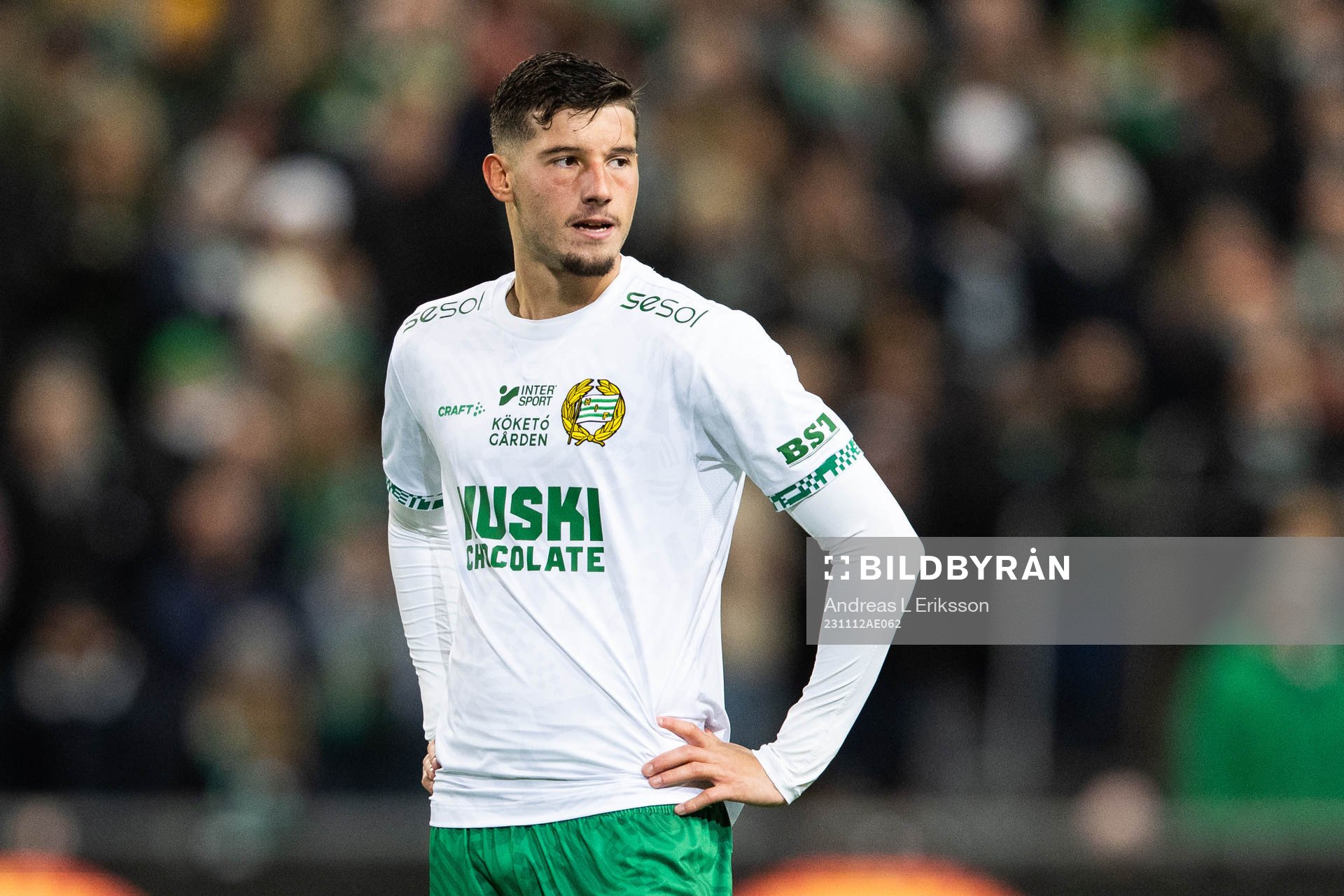 Hammarbys Viktor Djukanovic under fotbollsmatchen i Allsvenskan mellan Hammarby och Halmstad den 12 november 2023 i Stockholm. 