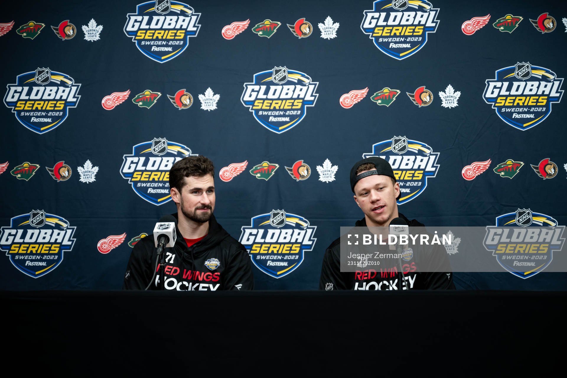 Dylan Larkin and Lucas Raymond of Detroit Red Wings