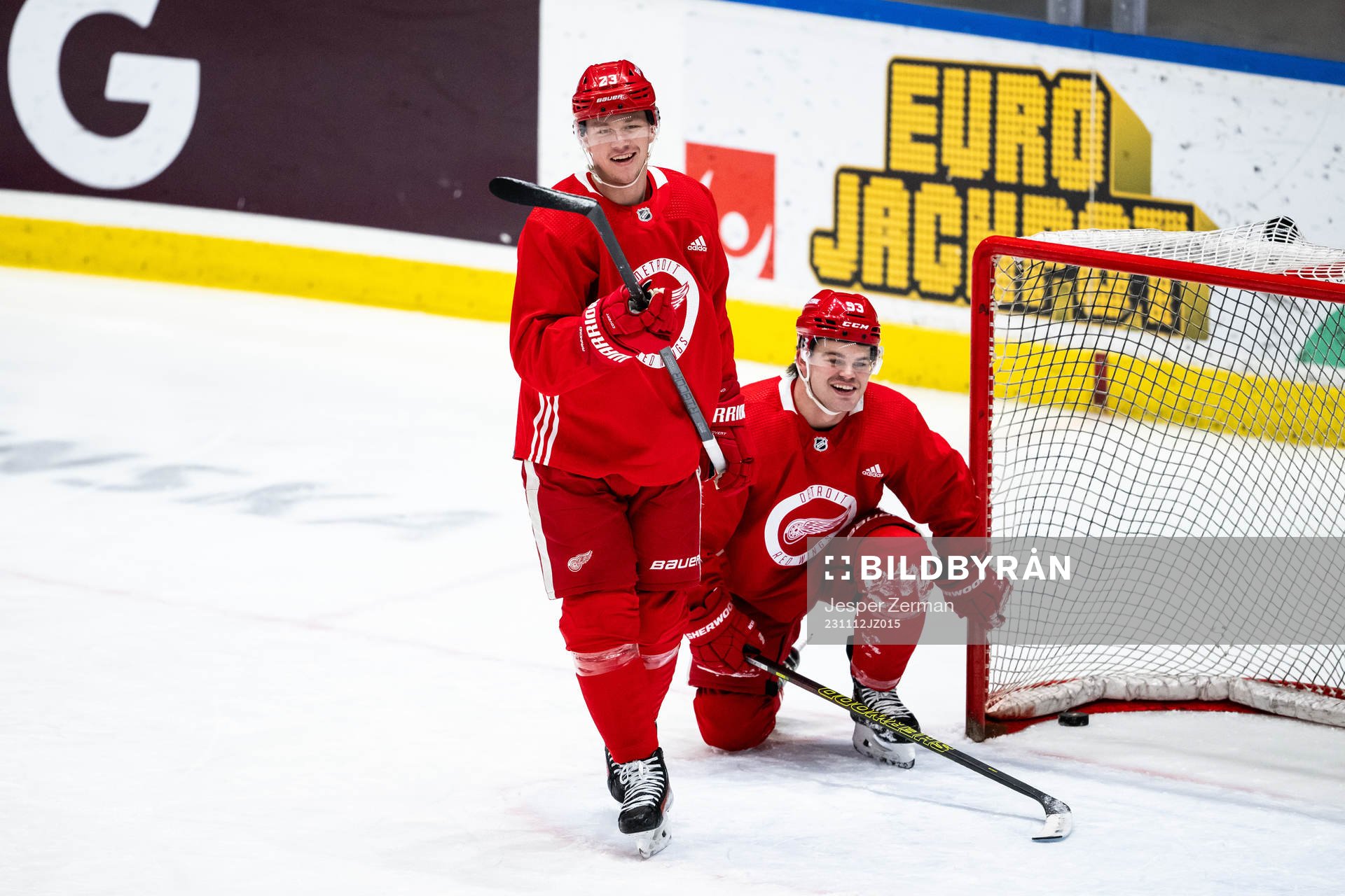 Lucas Raymond and Alex DeBrincat of Detroit Red Wings
