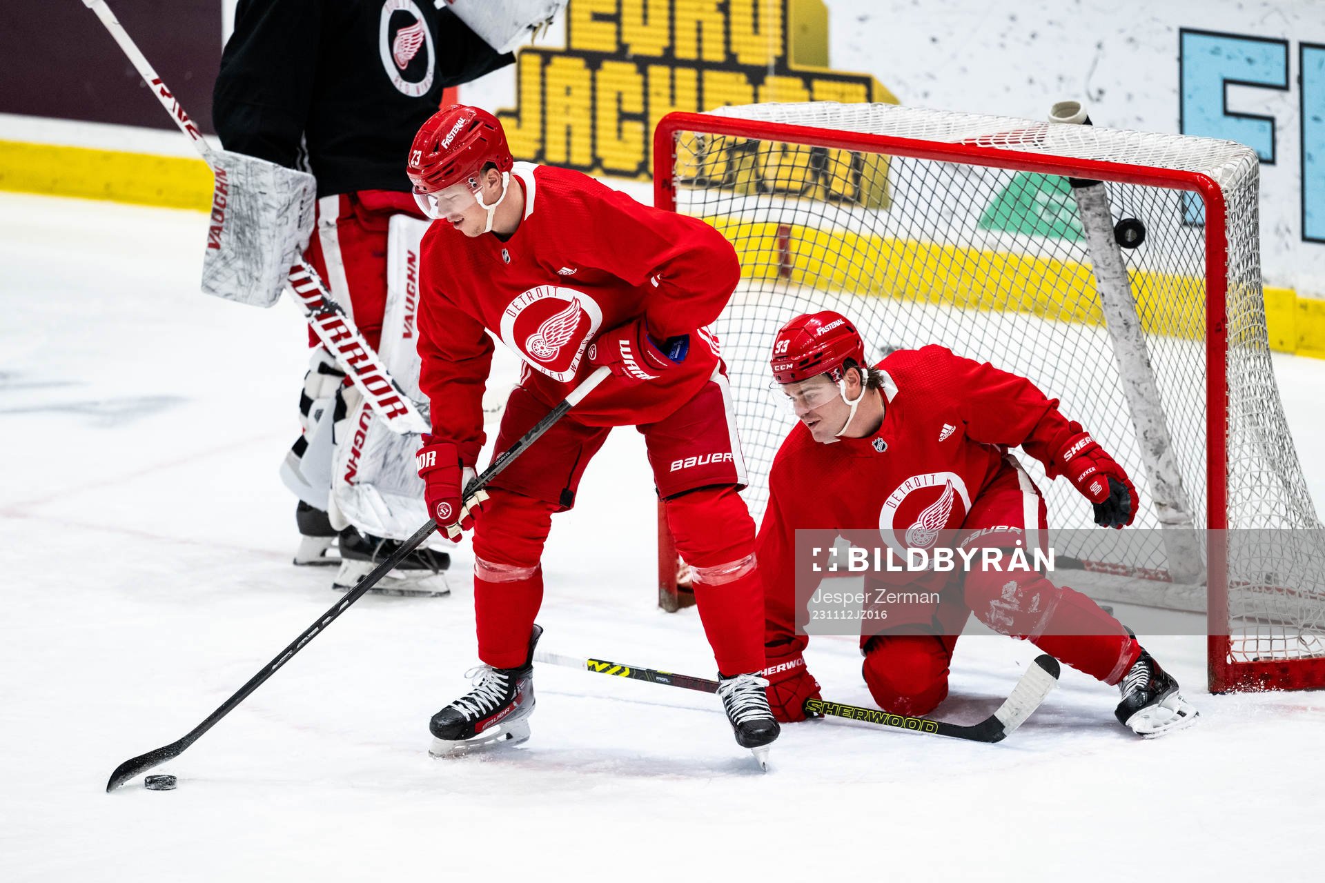 Lucas Raymond and Alex DeBrincat of Detroit Red Wings