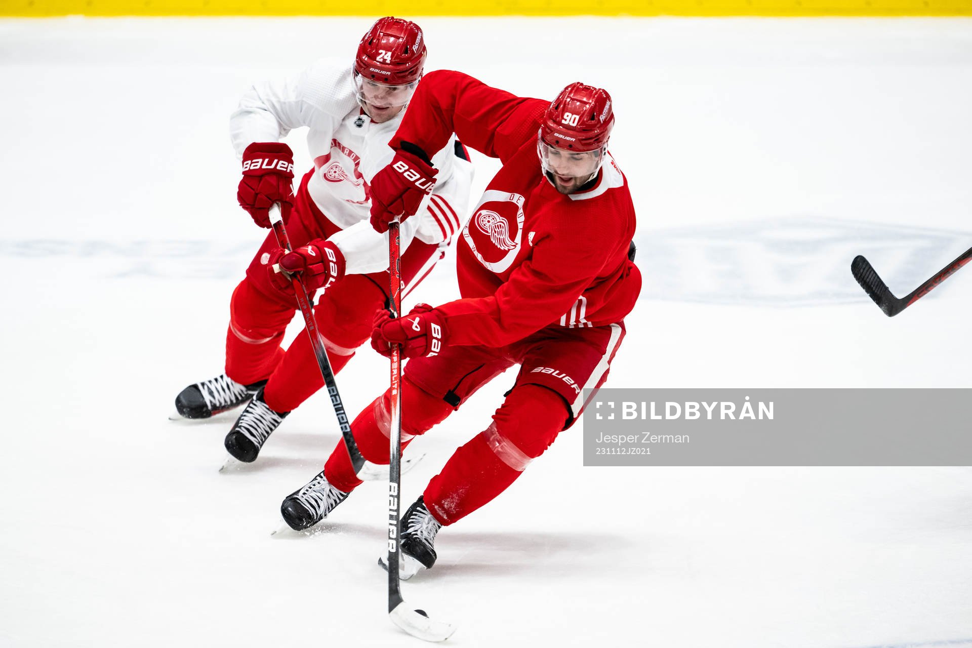 Klim Kostin and Joe Veleno of Detroit Red Wings