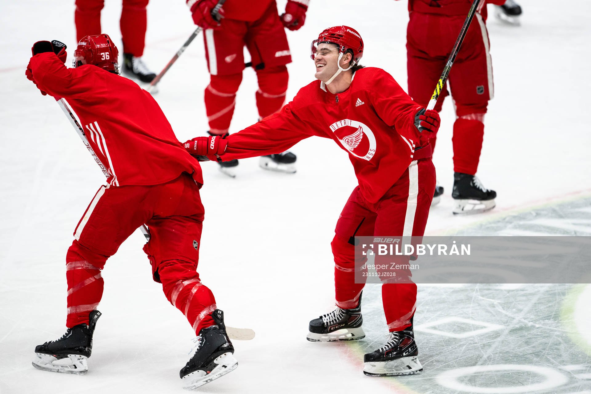 Christian Fischer and Alex DeBrincat of Detroit Red Wings