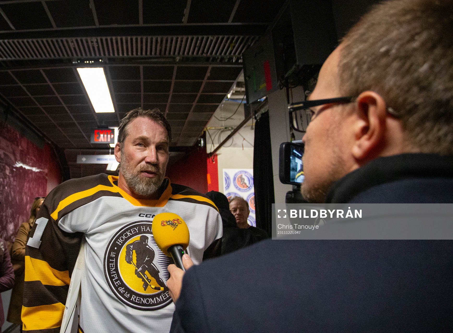 Peter Forsberg speaks with media following the Hockey Hall