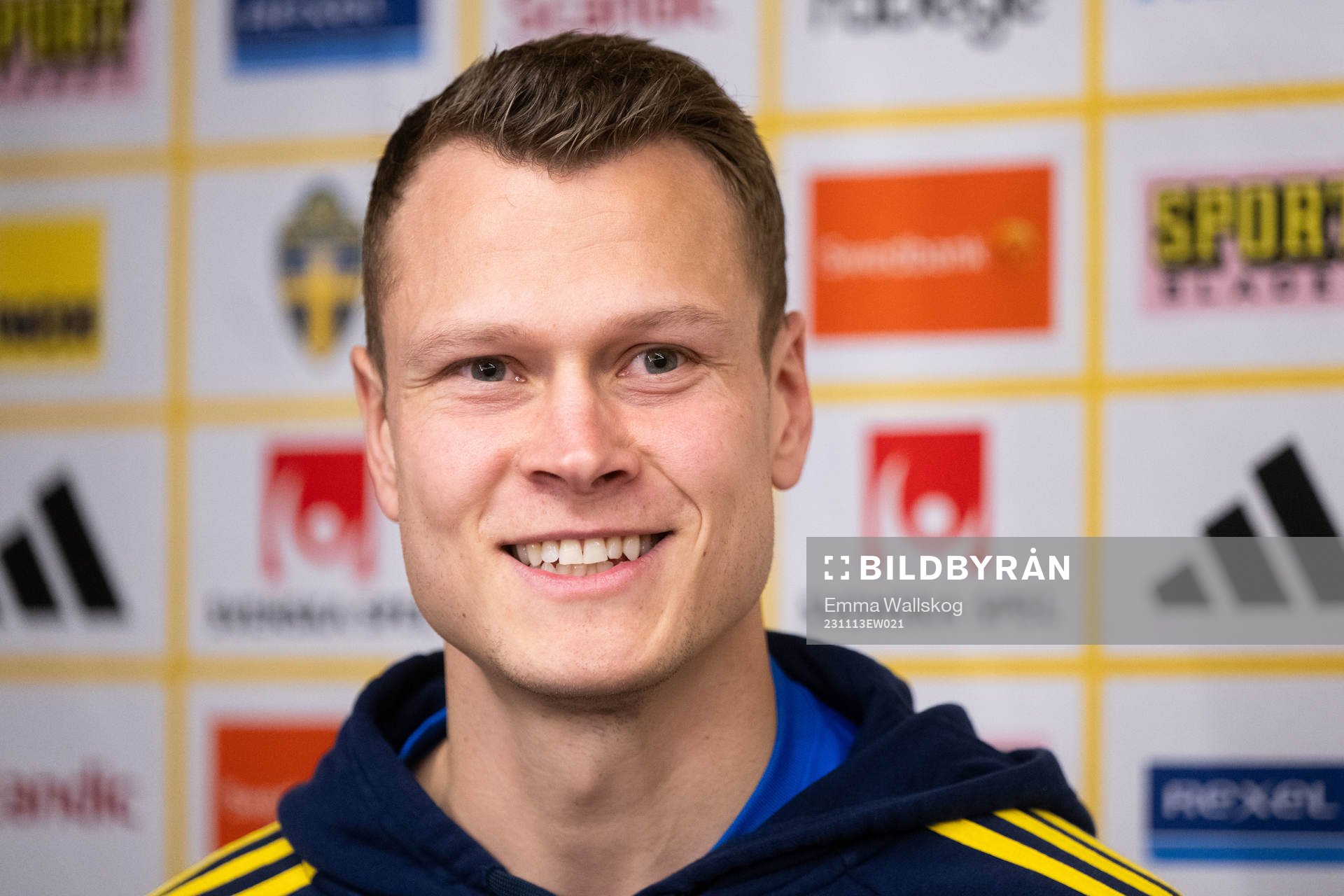 Viktor Claesson of the Swedish national football team in the mixed zone after a press conference on November 13, 2023 in Stockholm.