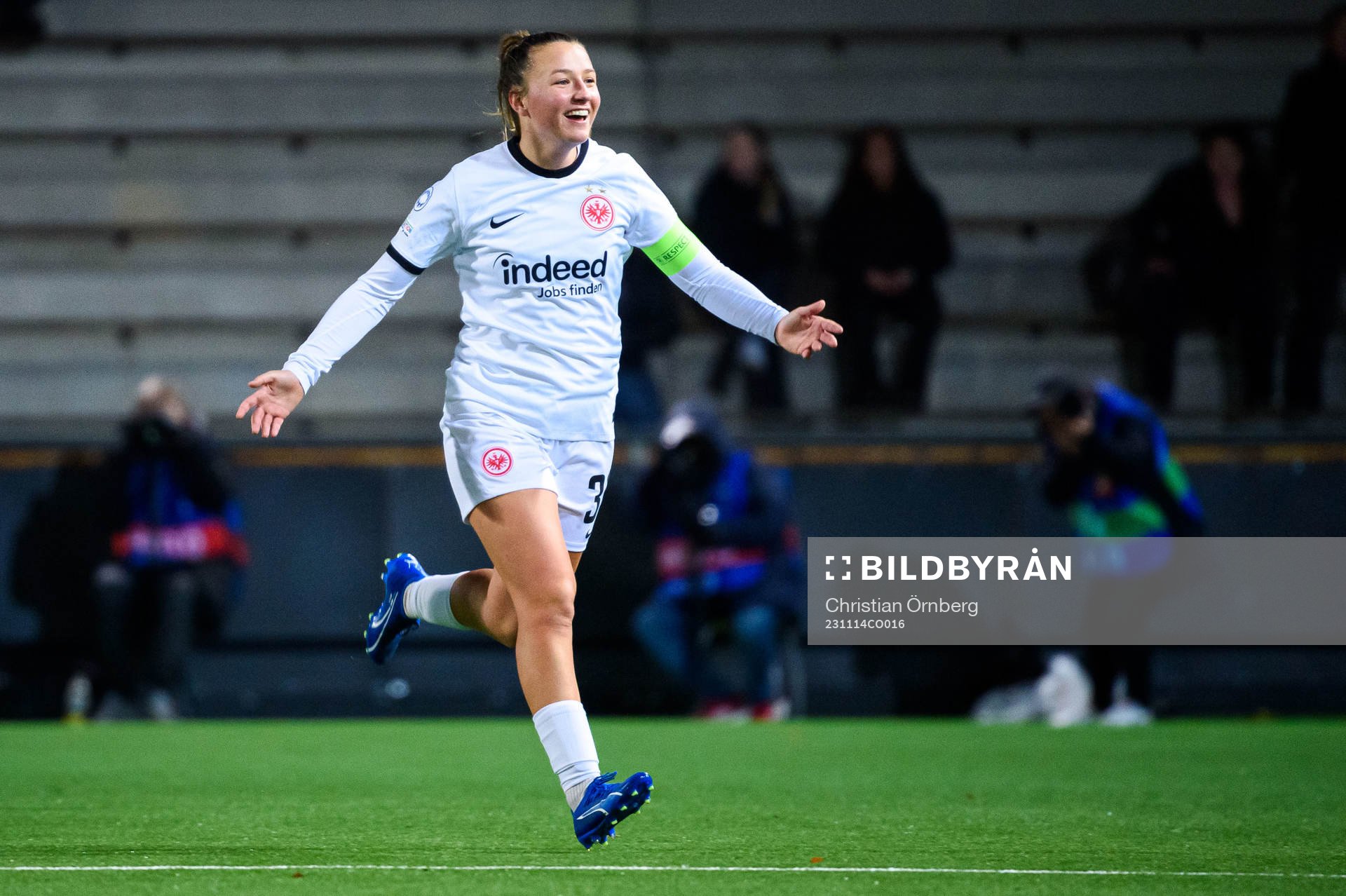 Tanja Pawollek of Eintracht Frankfurt celebrating scoring 0-1 during the UEFA Women's Champions League football match between FC Rosengård and Eintracht Frankfurt on November 14, 2023 in Malmö.
