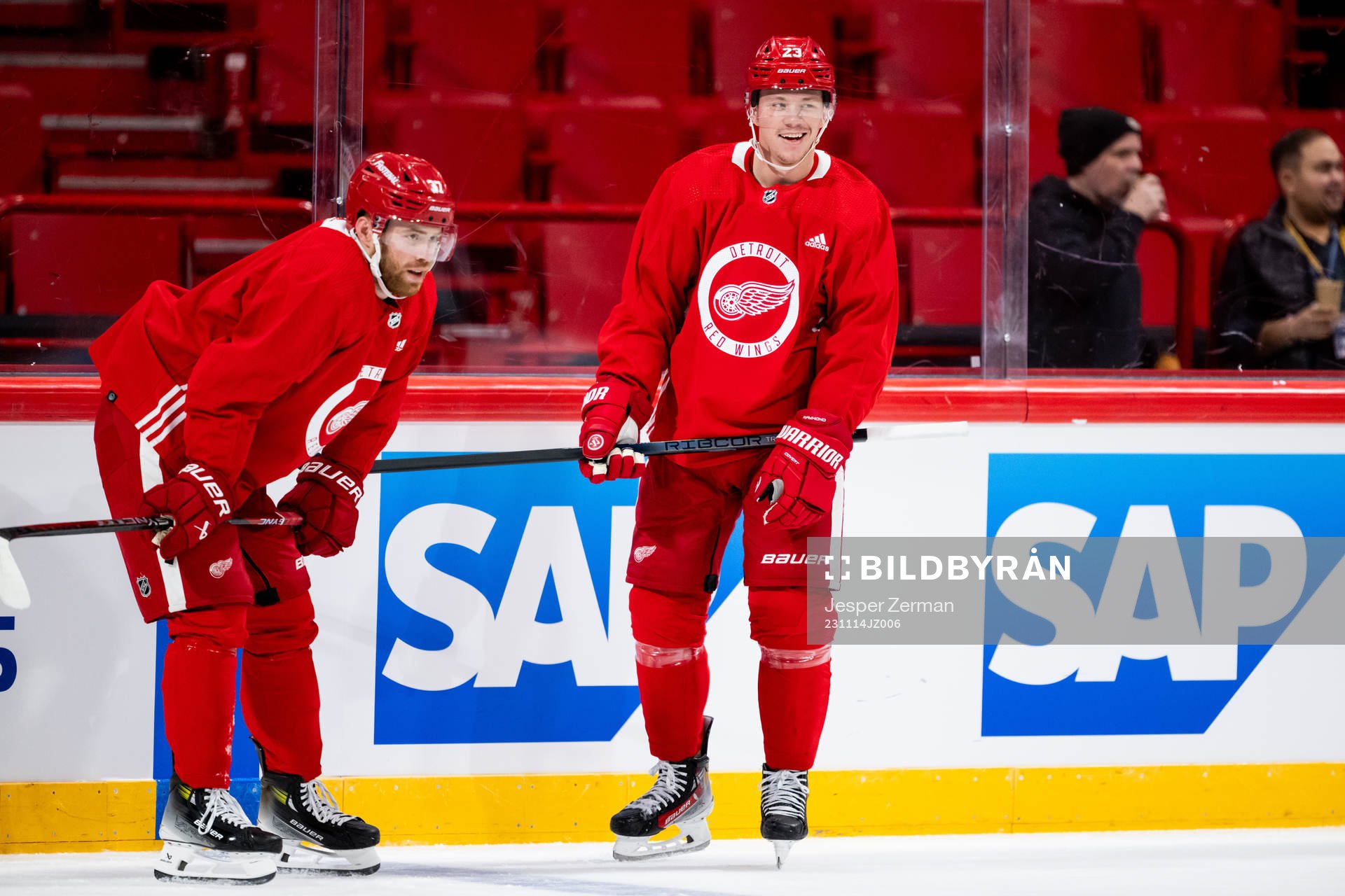 J.T. Compher and Lucas Raymond of Detroit Red Wings