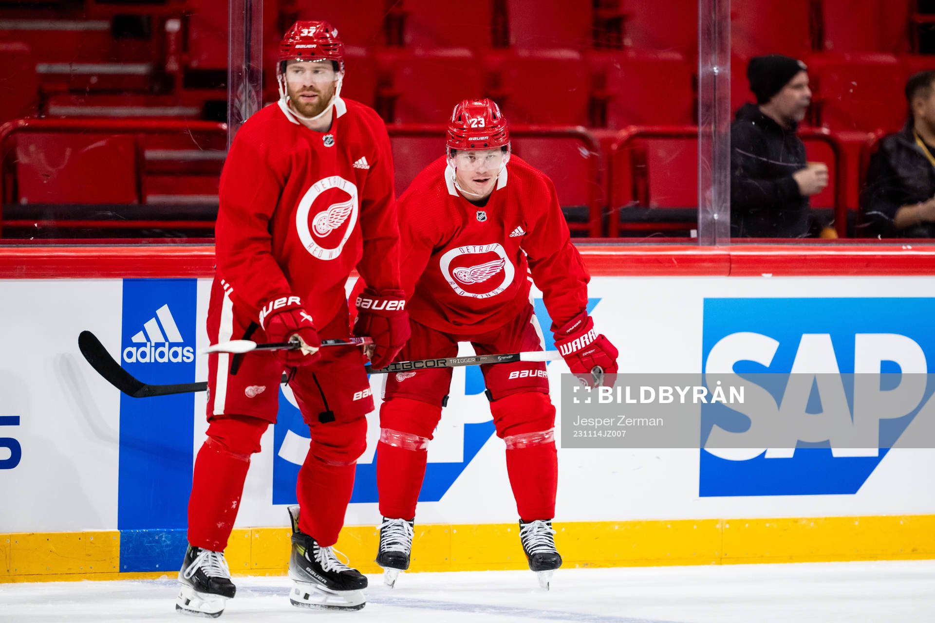 J.T. Compher and Lucas Raymond of Detroit Red Wings