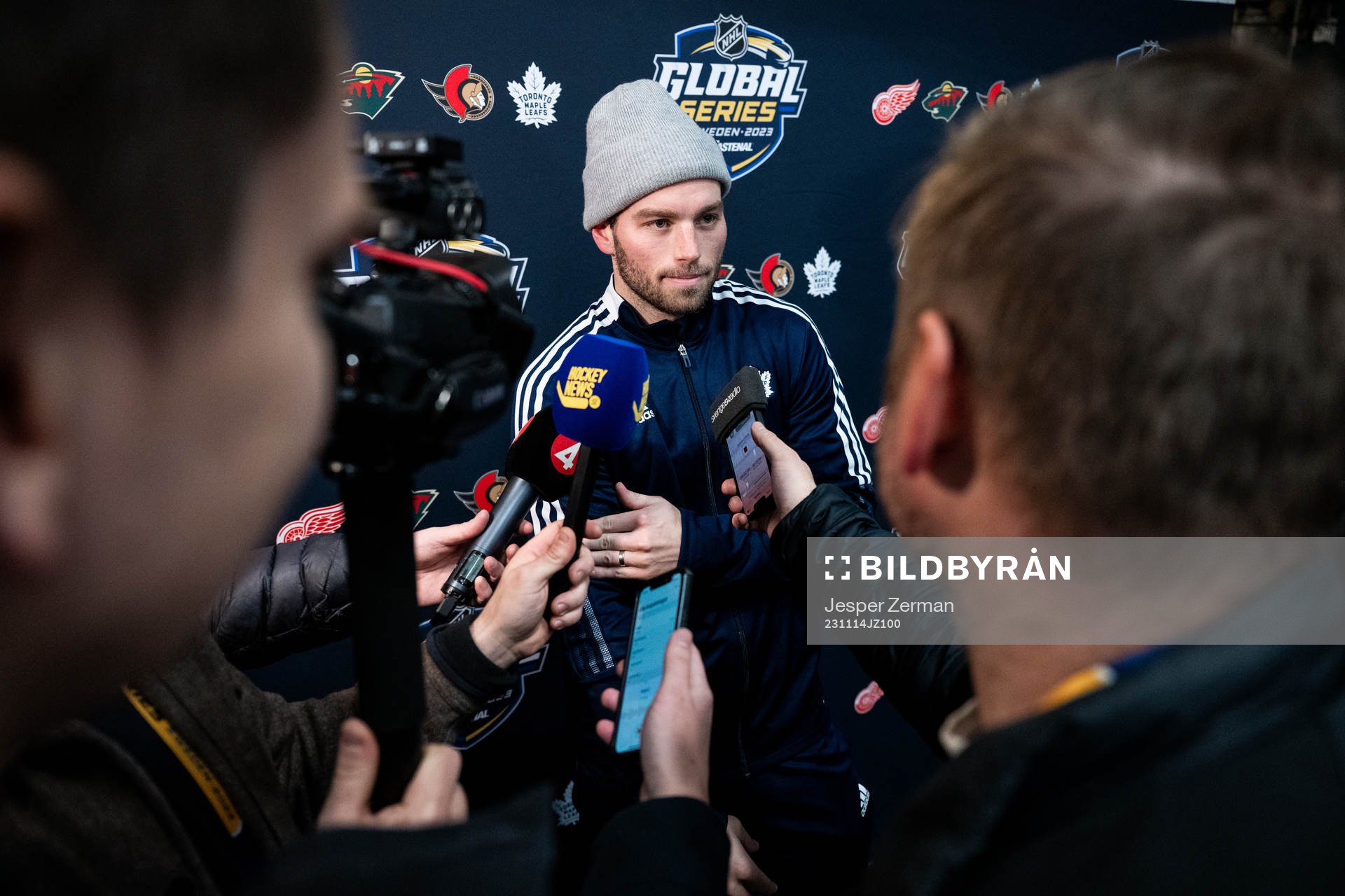 Calle Järnkrok of Toronto Maple Leafs speaks to media