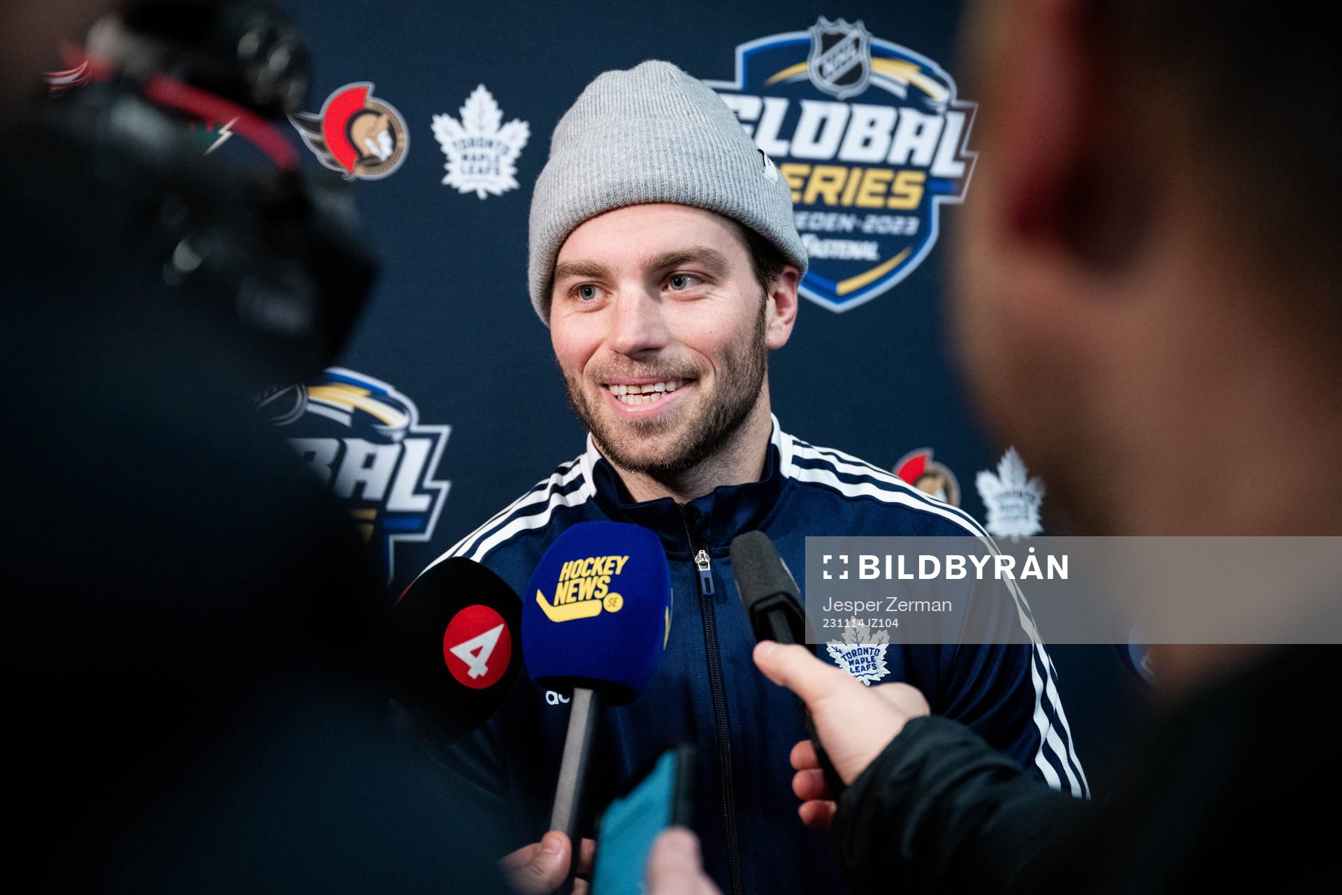 Calle Järnkrok of Toronto Maple Leafs speaks to media