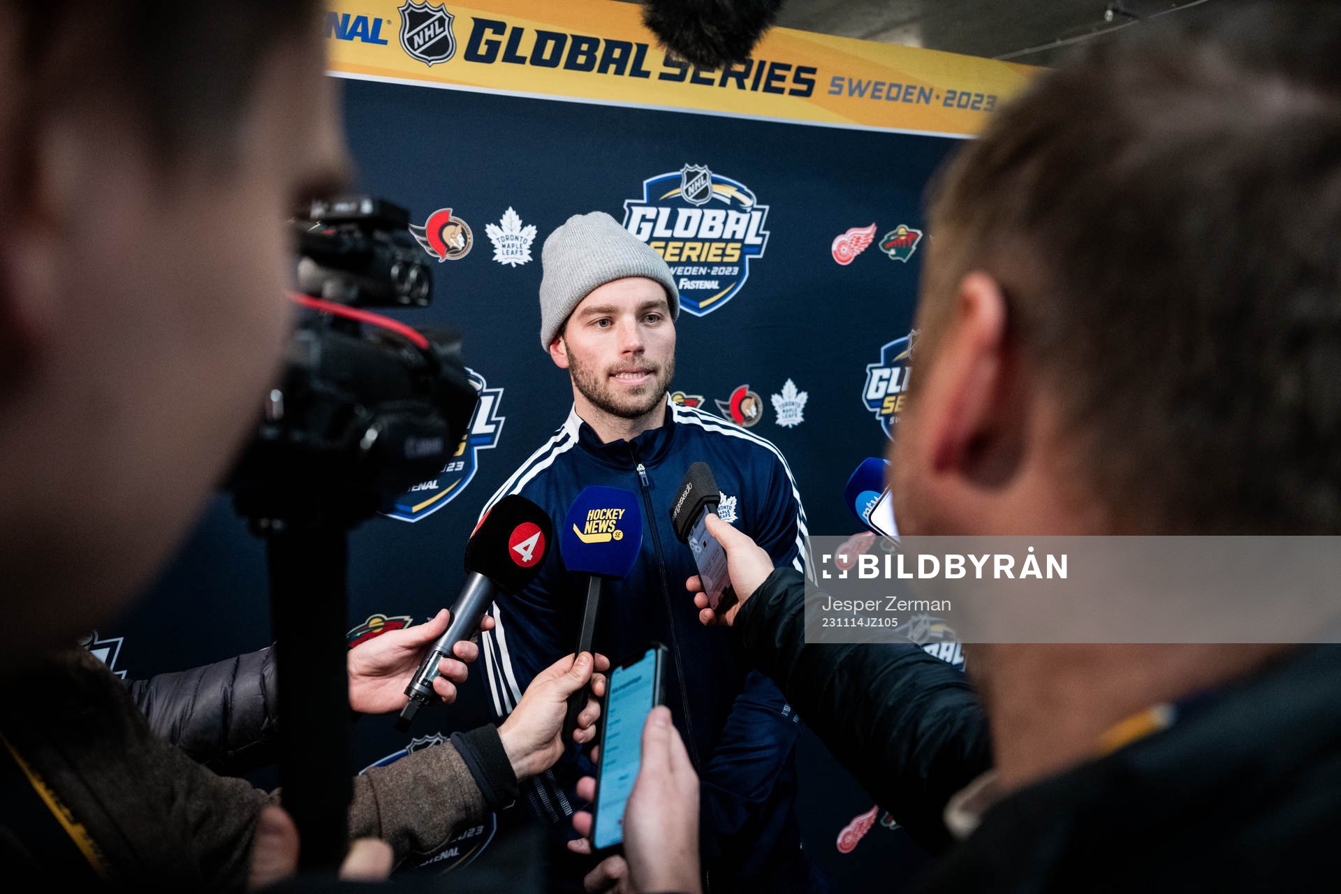 Calle Järnkrok of Toronto Maple Leafs speaks to media