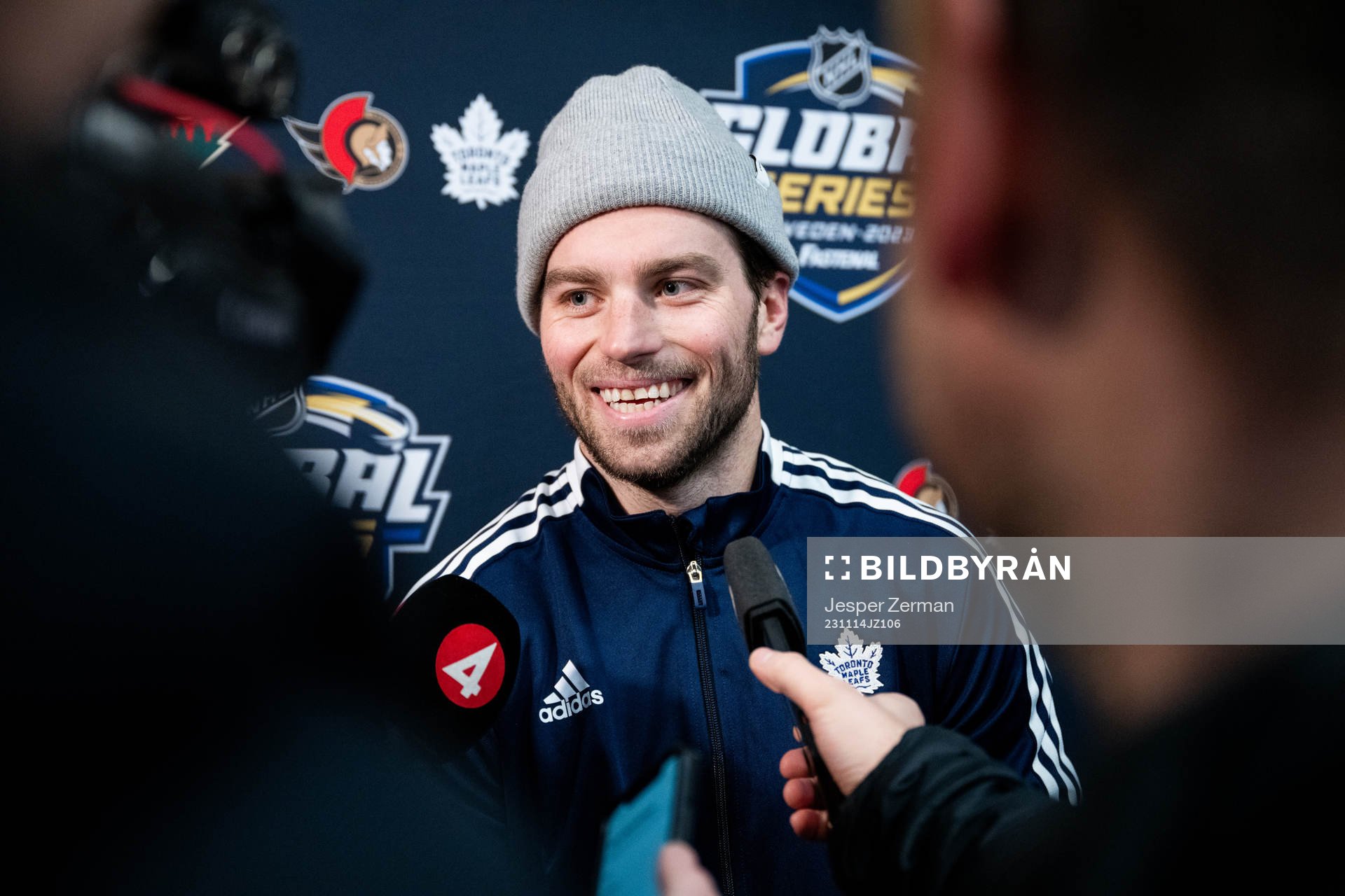 Calle Järnkrok of Toronto Maple Leafs speaks to media