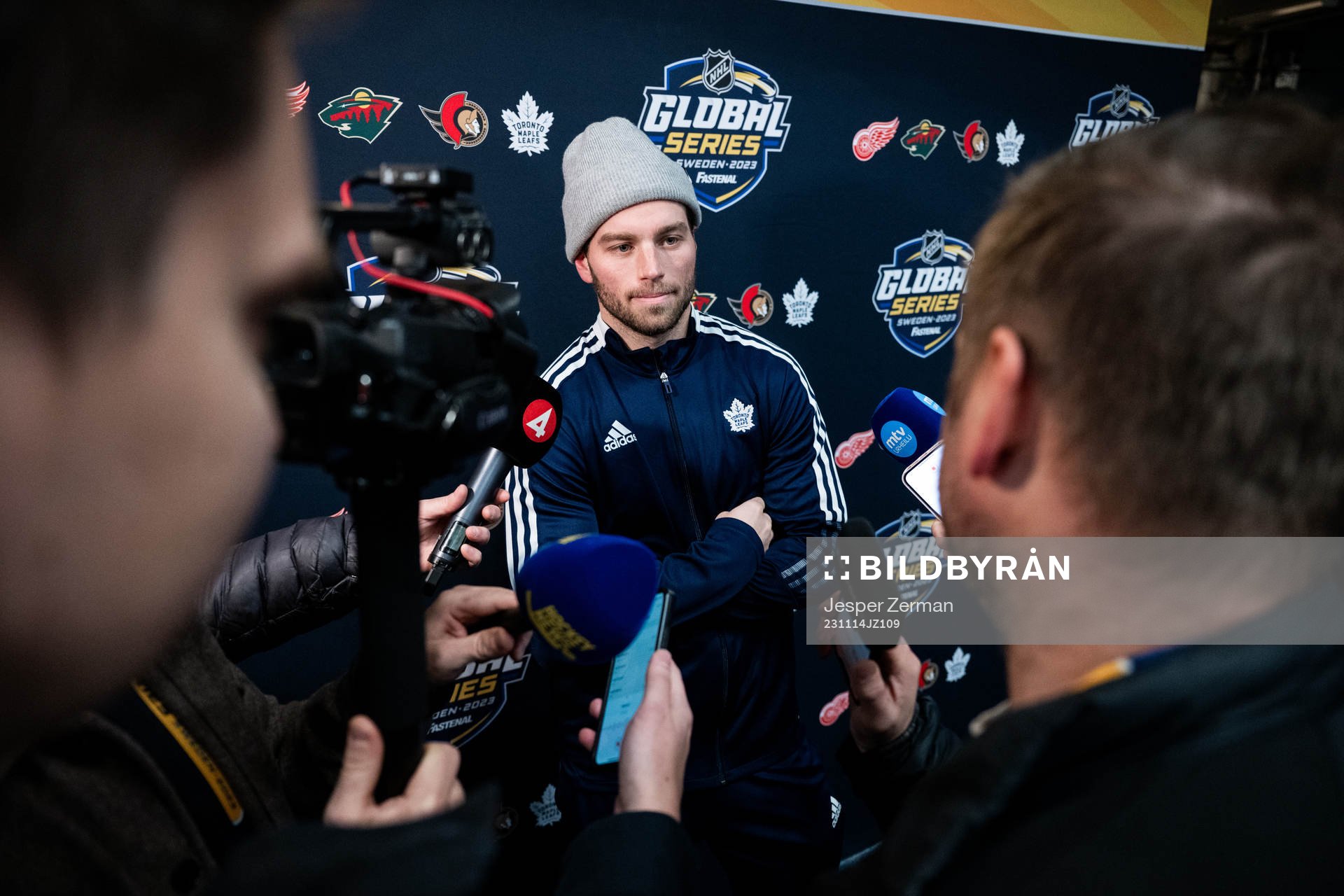 Calle Järnkrok of Toronto Maple Leafs speaks to media