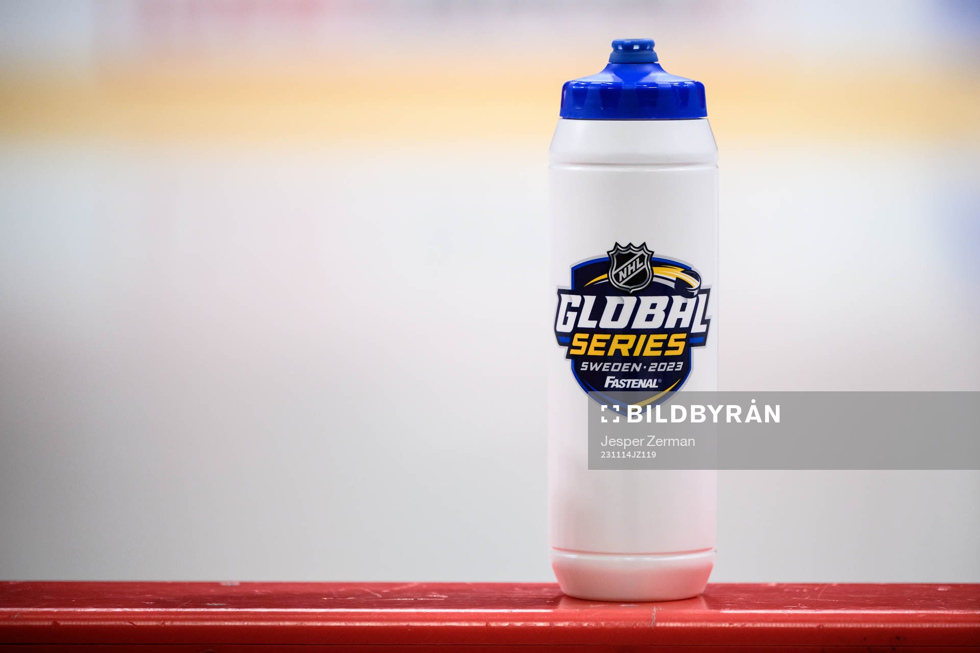 A water bottle with the NHL Global series logotype