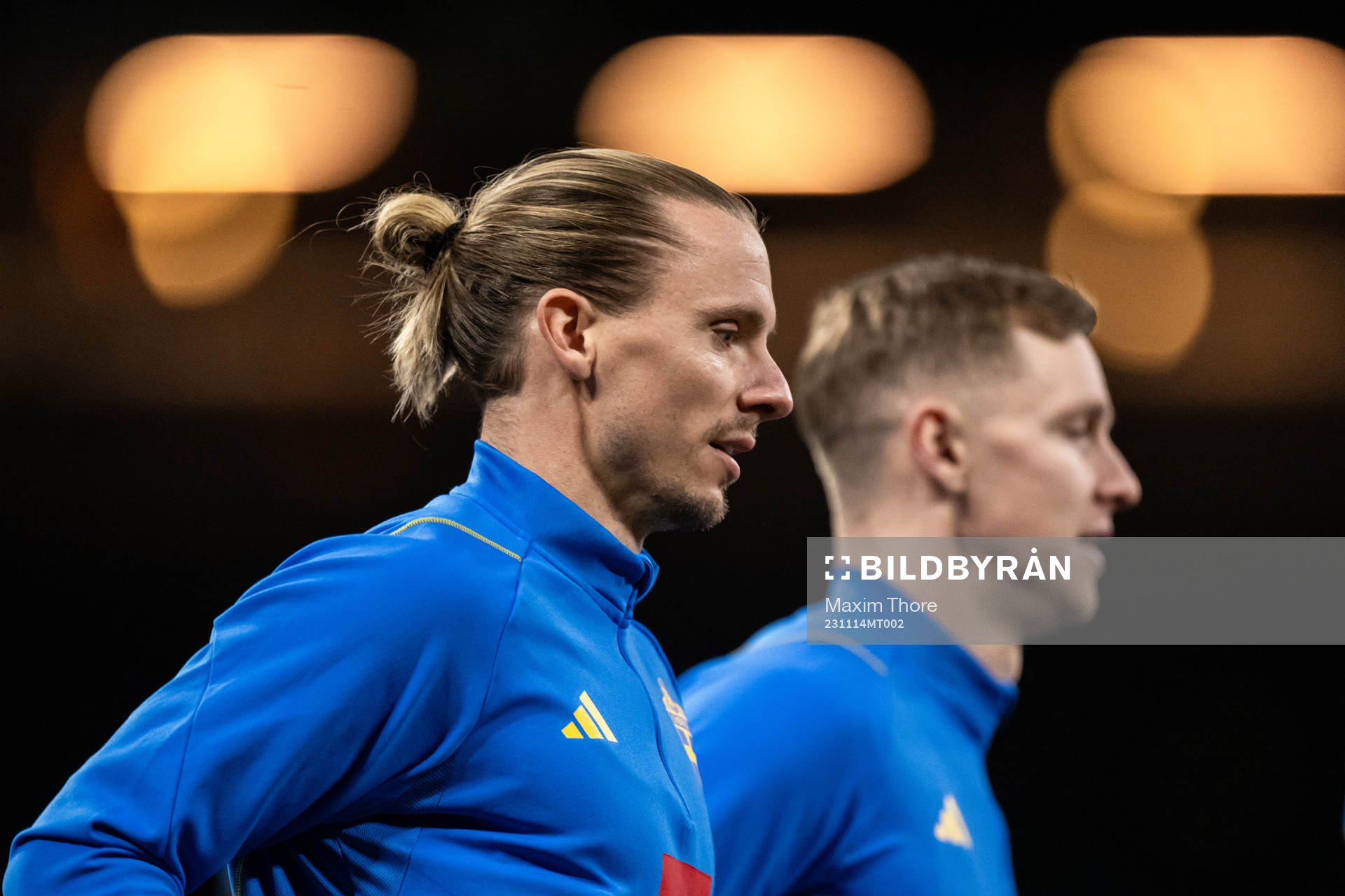 Niklas Hult and Emil Krafth of the Swedish national football team during a training session on November 14, 2023 in Stockholm. 