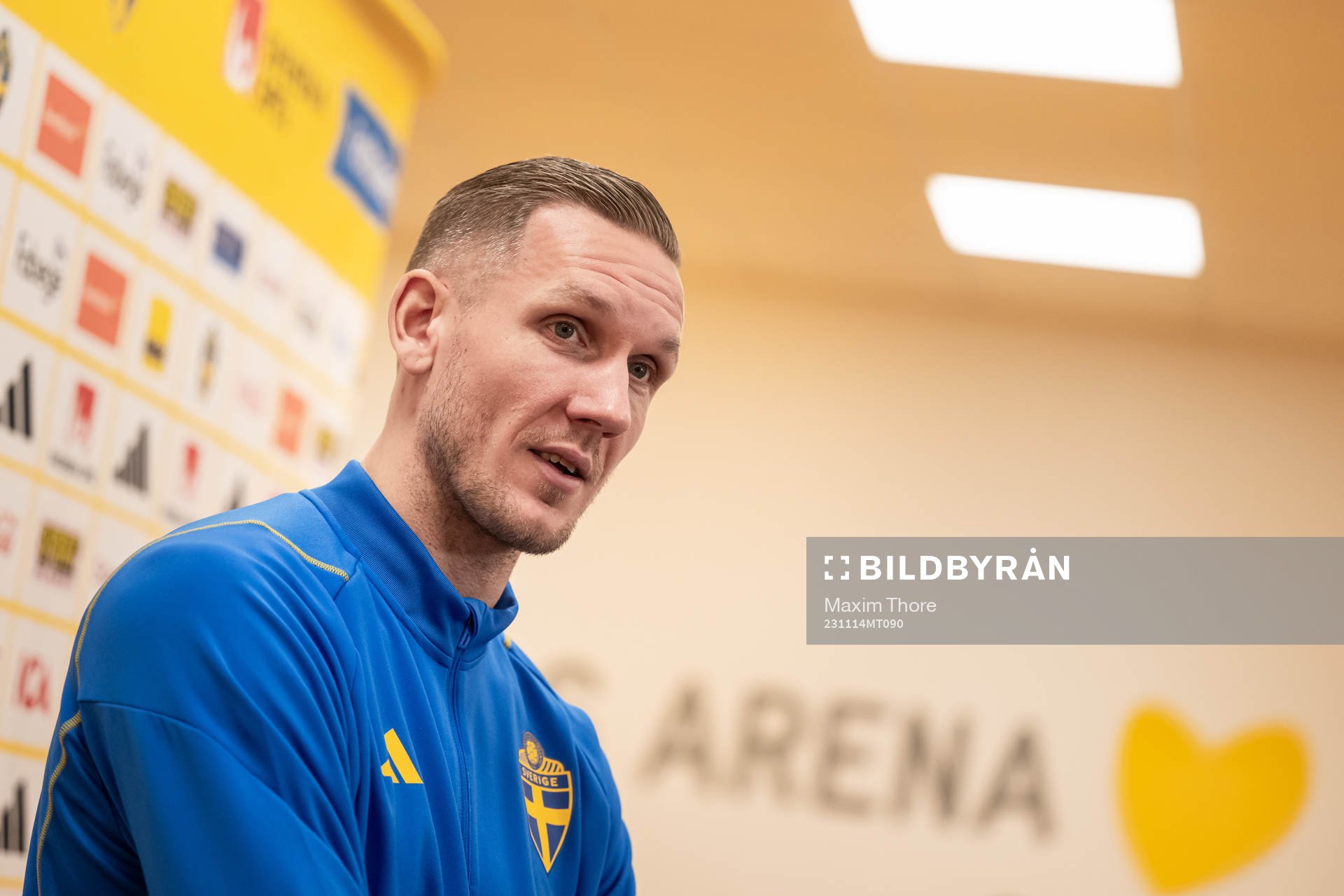 Goalkeeper Robin Olsen of the Swedish national football team in a mixed zone on November 14, 2023 in Stockholm. 
