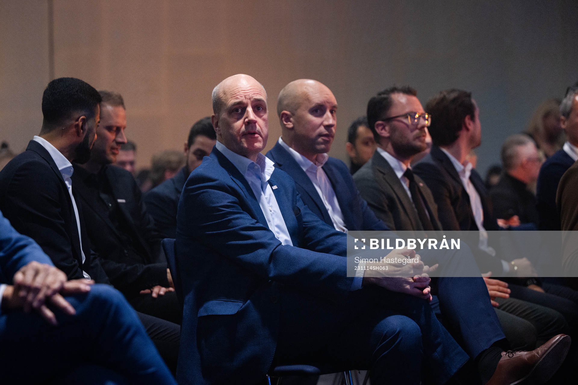 Fredrik Reinfeldt, ordförande för Svenska Fotbollförbundet, och Simon Åström, Ordförande Svensk Elitfotboll, under Allsvenskans Stora Pris den 14 november 2023 i Stockholm.