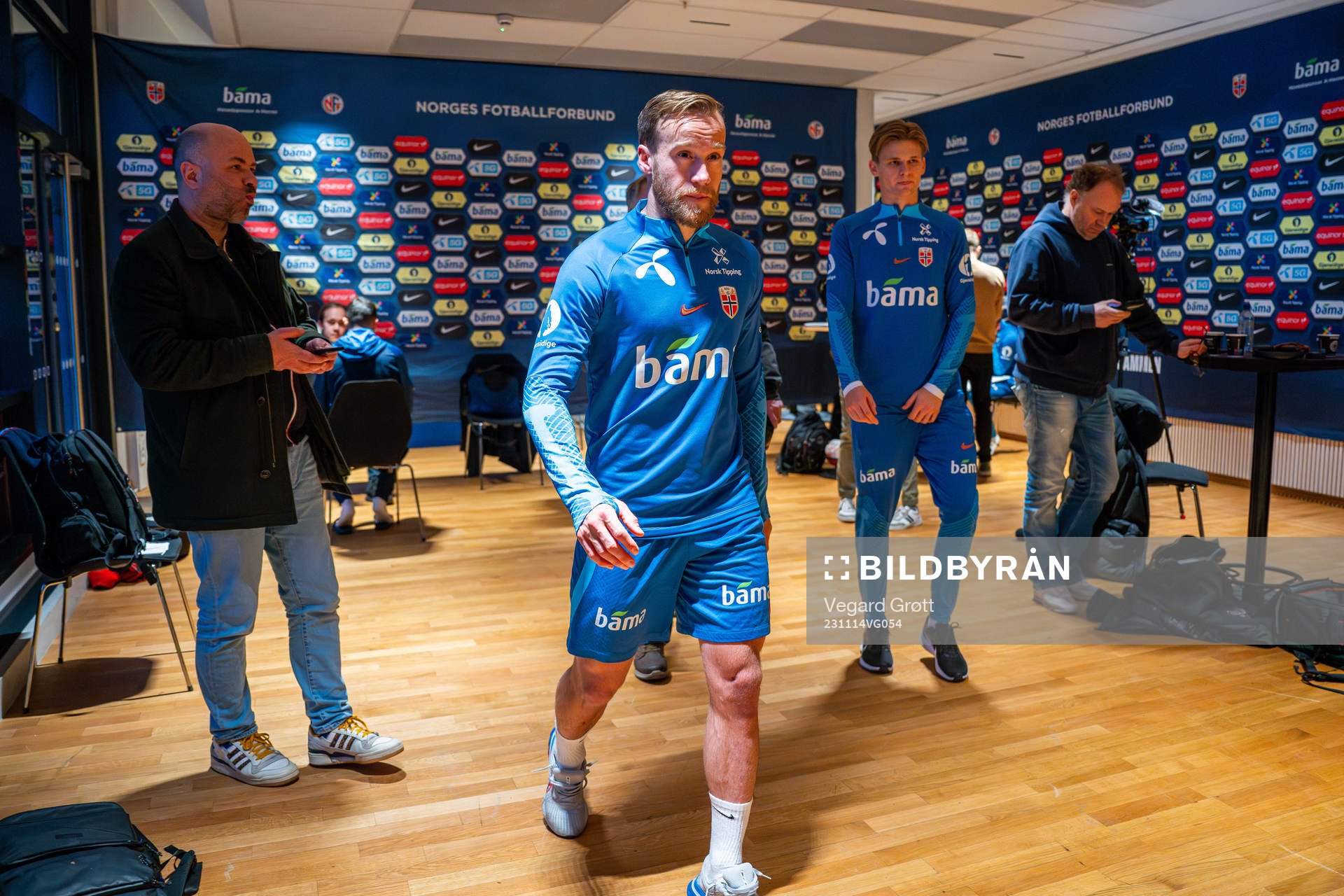Bård Finne and David Møller Wolfe of the Norwegian national football team during a press event on November 14, 2023 in Oslo. 