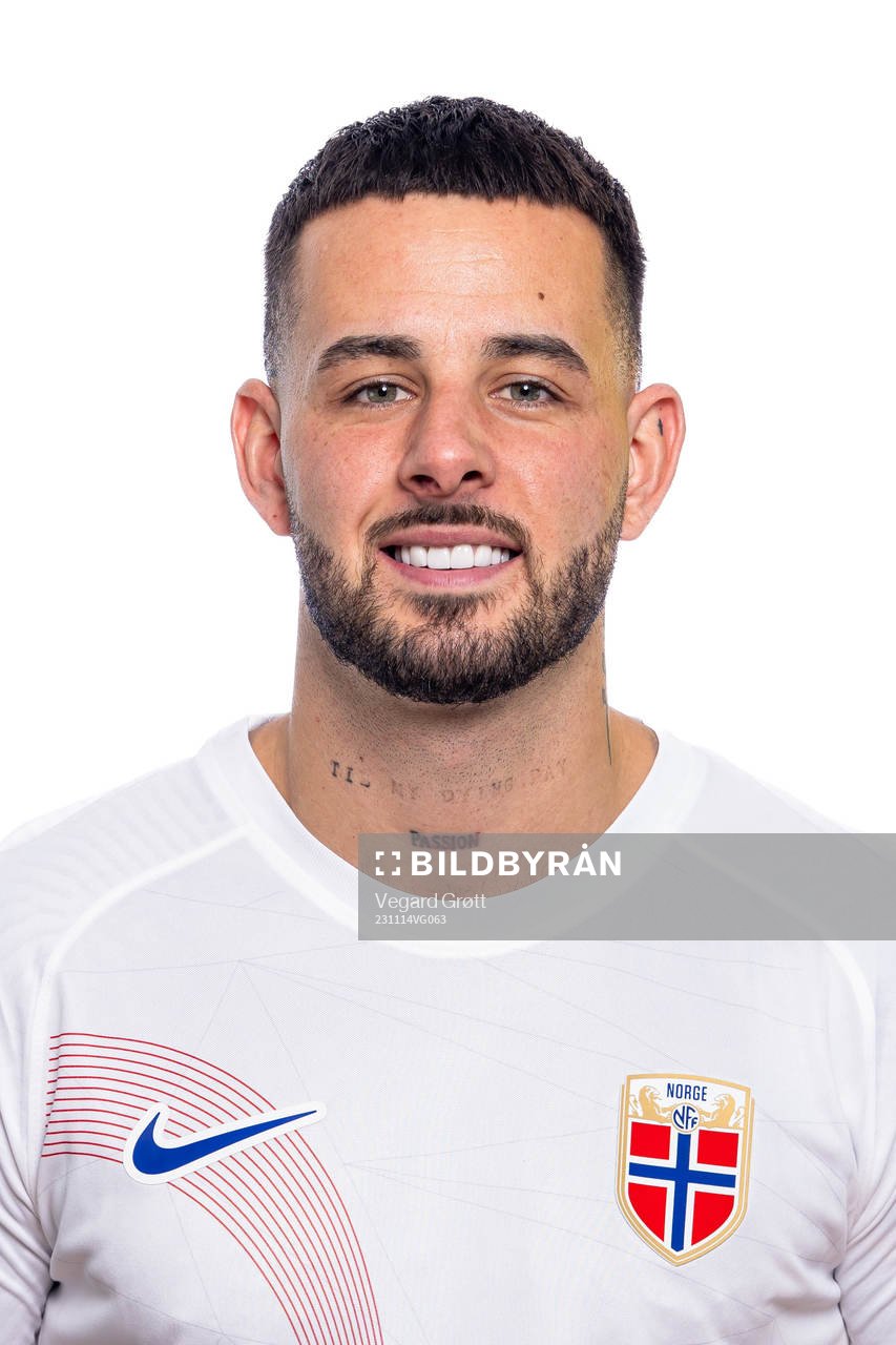 Aron Dønnum of the Norwegian national football team poses
