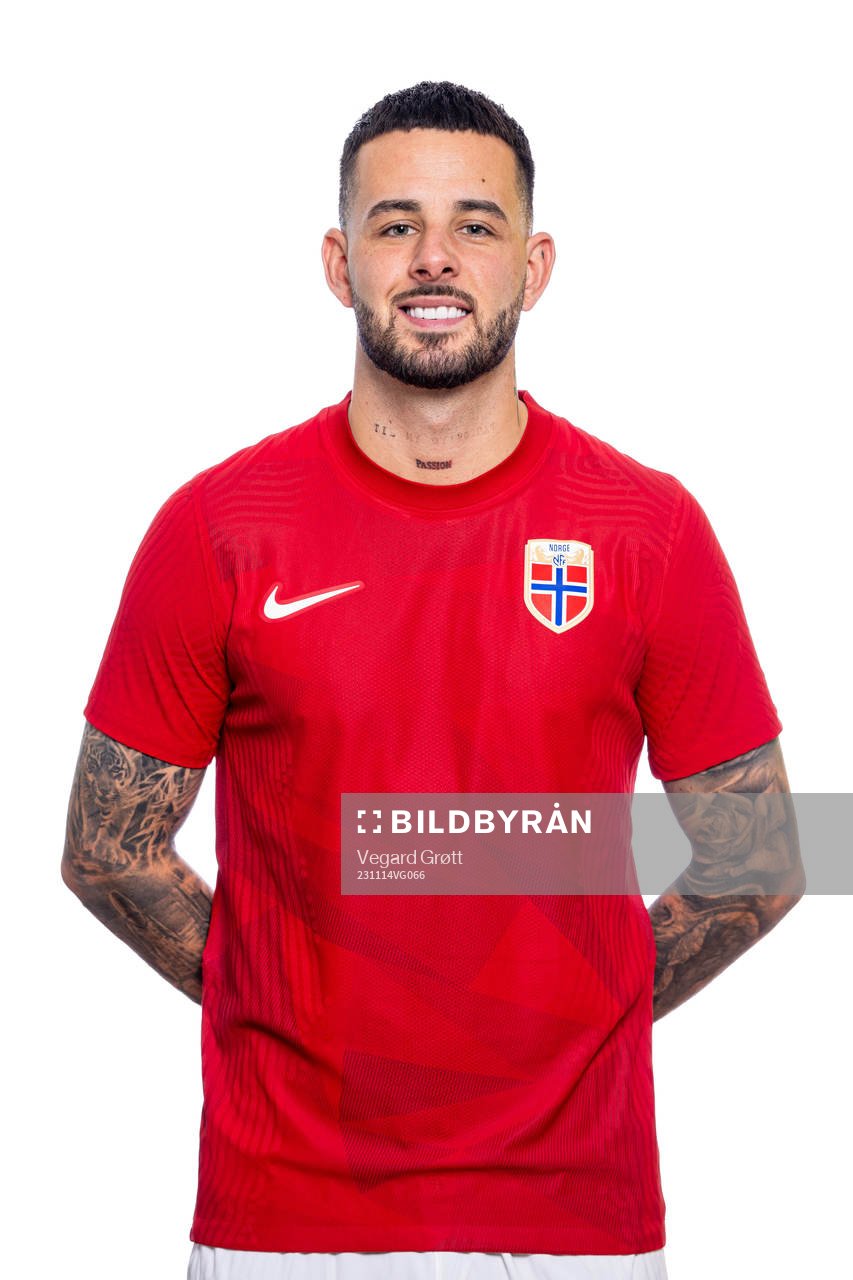 Aron Dønnum of the Norwegian national football team poses