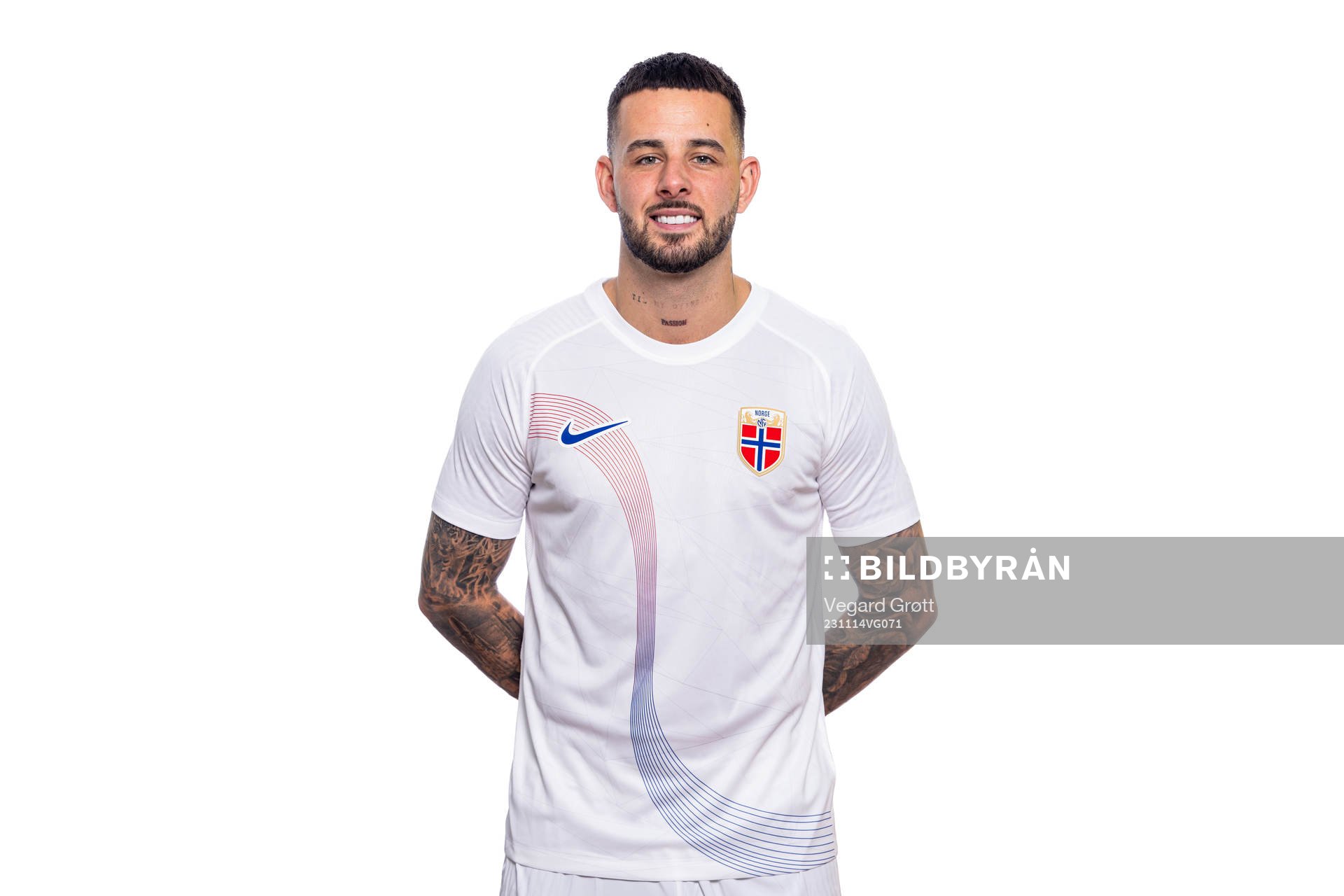 Aron Dønnum of the Norwegian national football team poses
