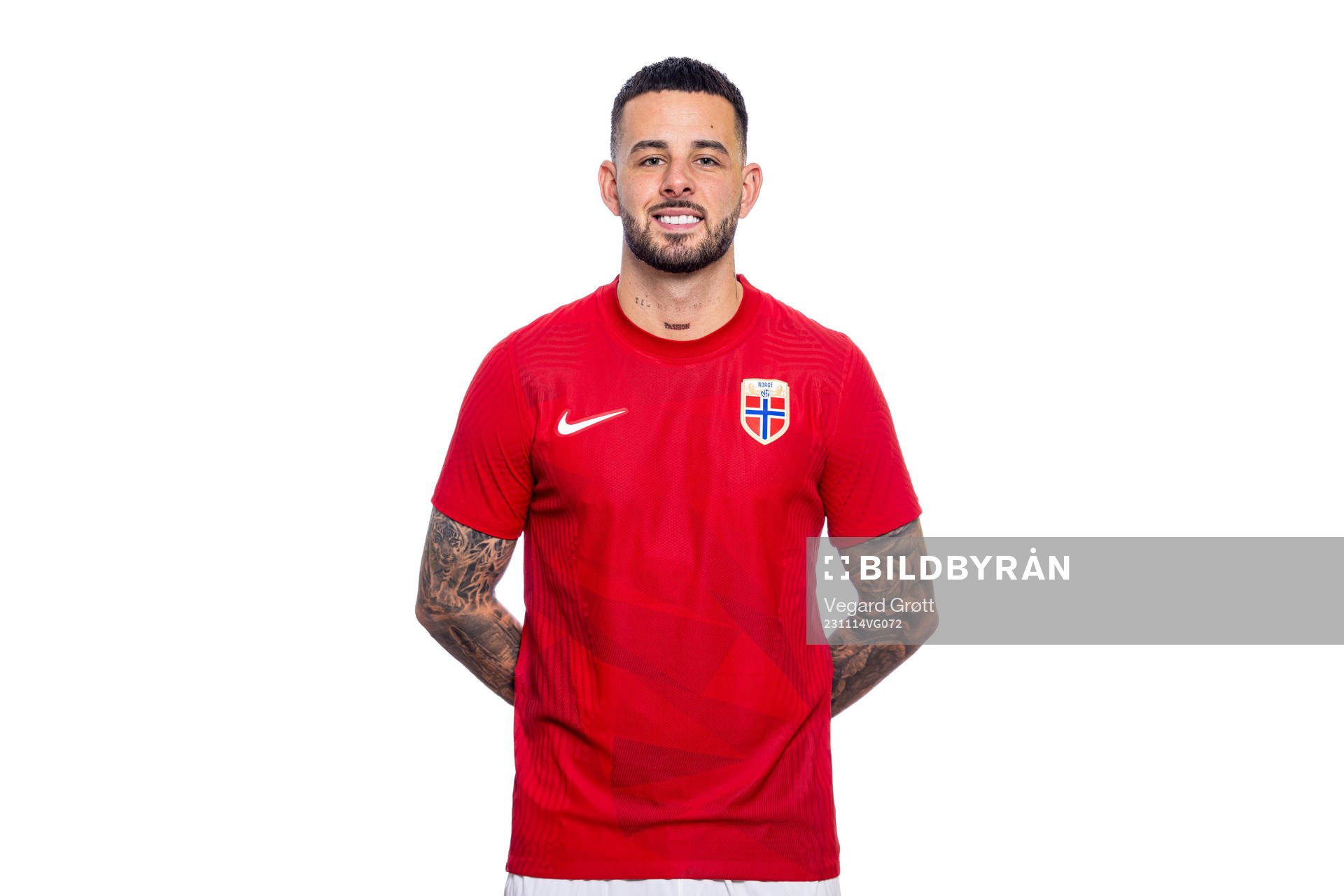 Aron Dønnum of the Norwegian national football team poses