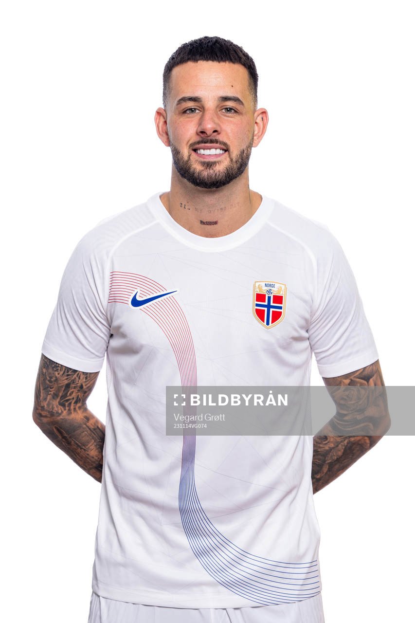 Aron Dønnum of the Norwegian national football team poses