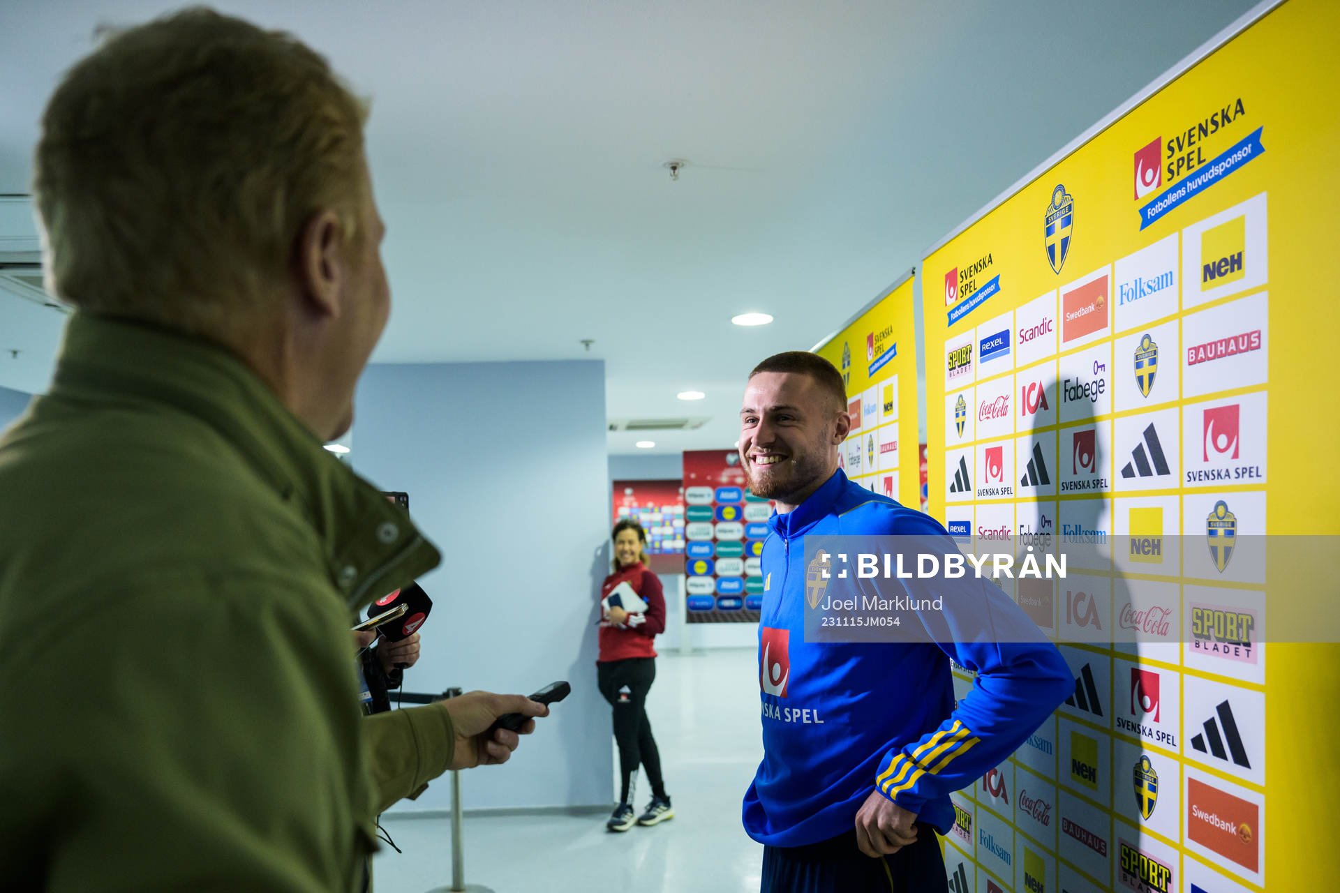 Mattias Svanberg of the Swedish national football team being interviewed during a mixed zone session on November 15, 2023 in Baku.