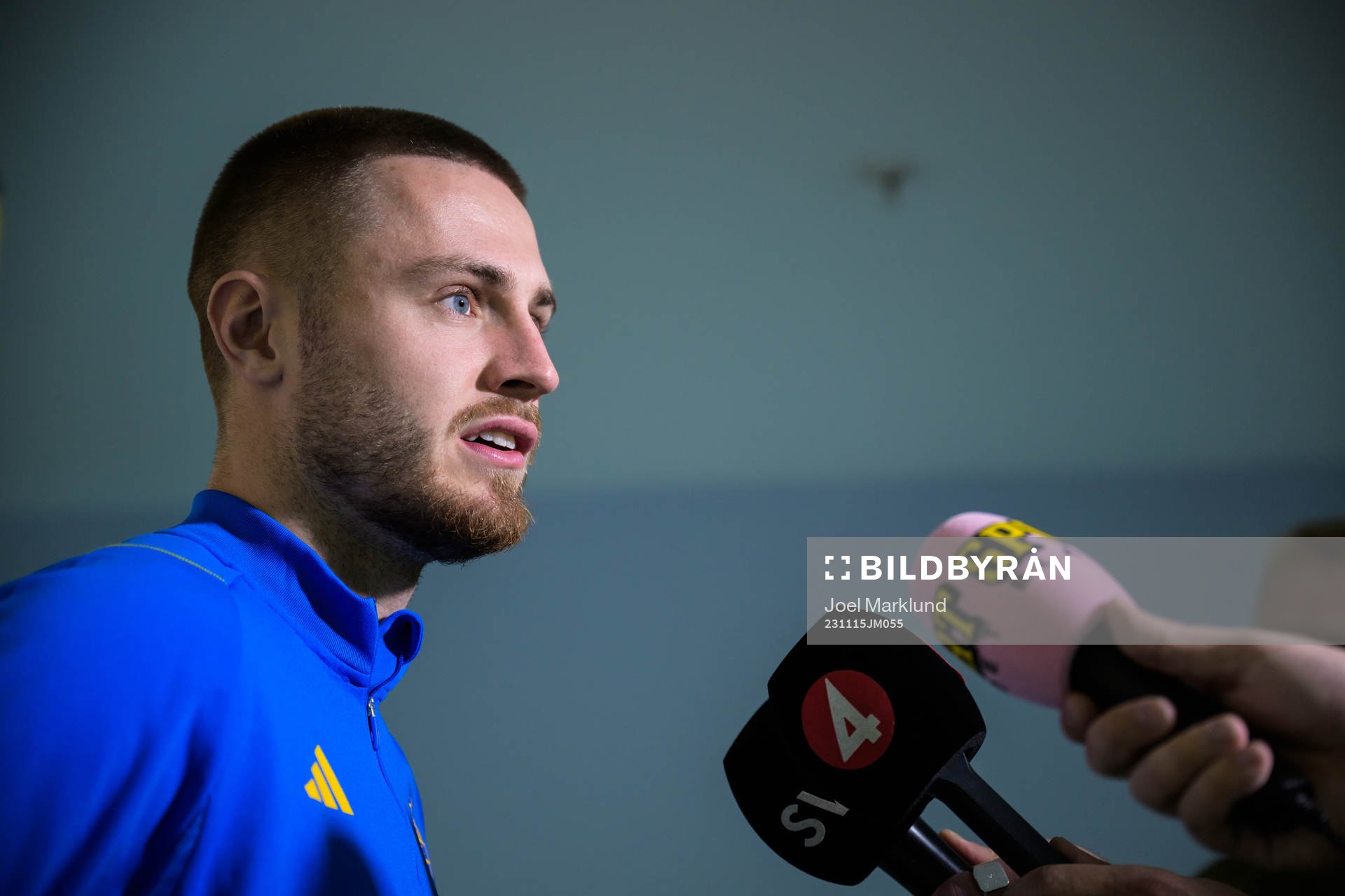 Mattias Svanberg of the Swedish national football team being interviewed during a mixed zone session on November 15, 2023 in Baku.