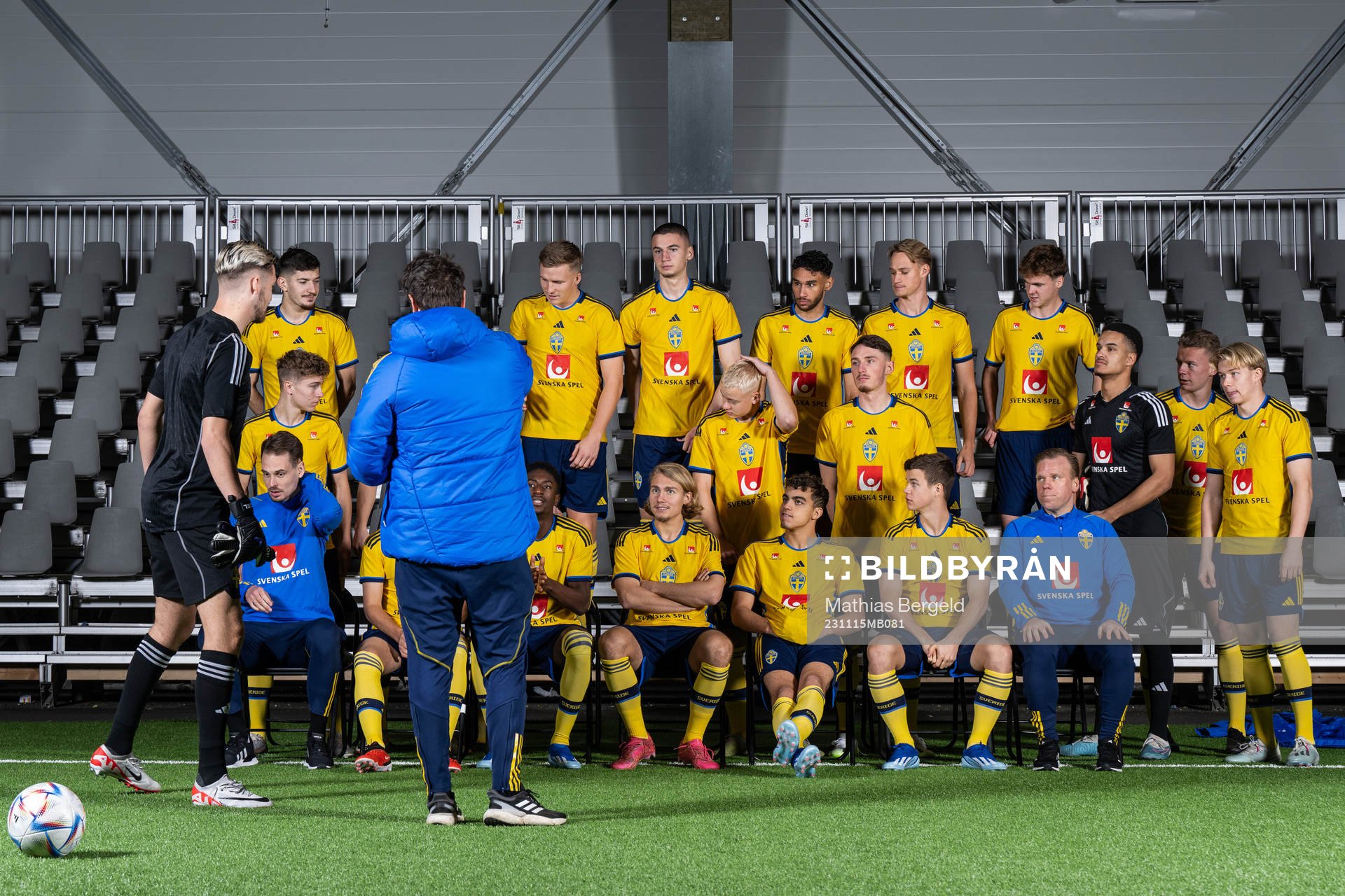 Players of the Swedish under-21 national football team during a team photo shoot on November 15, 2023 in Borås. 