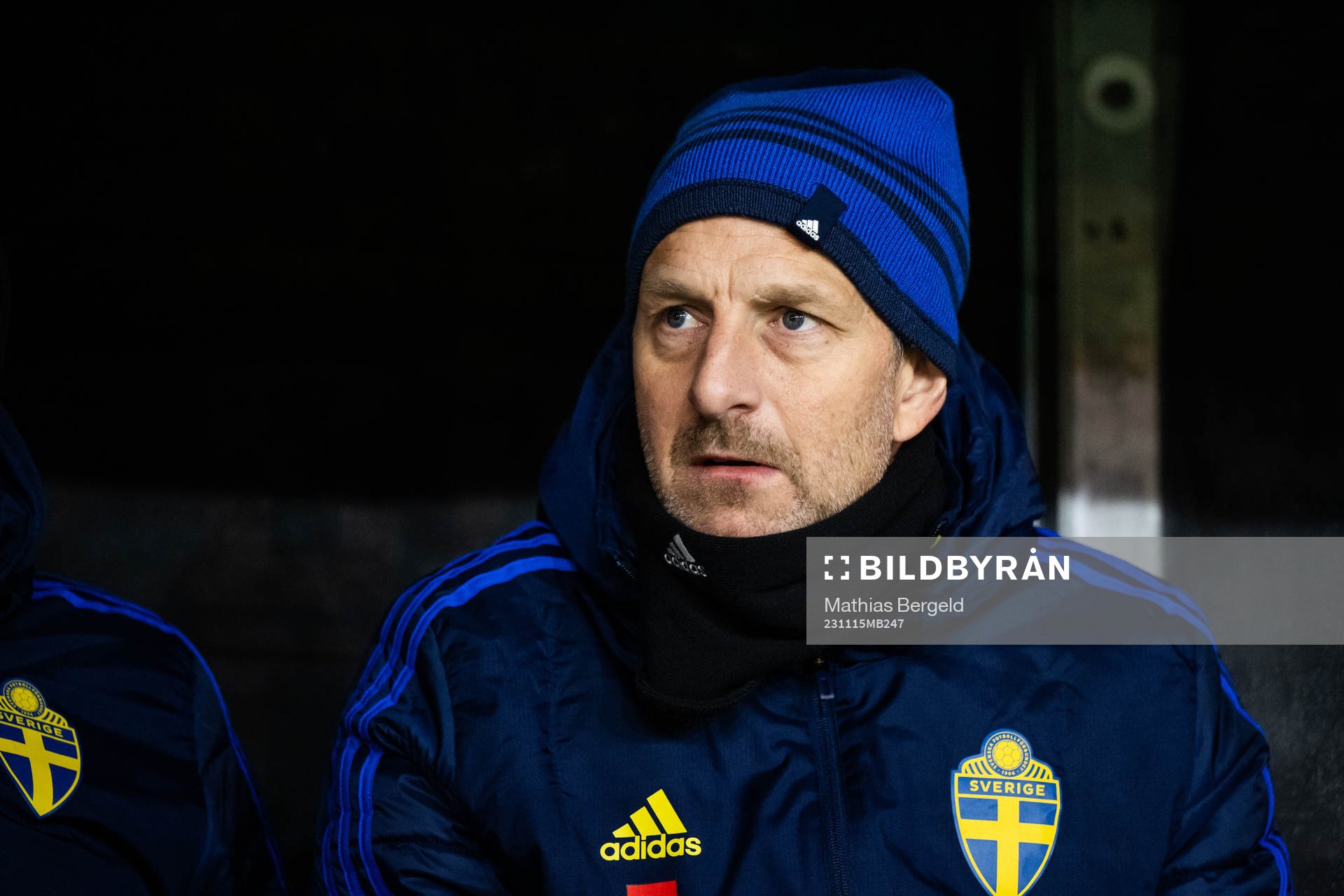 Sveriges assisterande tränare Johnny Gustafsson inför EM-kvalmatchen i fotboll för P19 mellan Schweiz och Sverige den 15 november 2023 i Borås.
