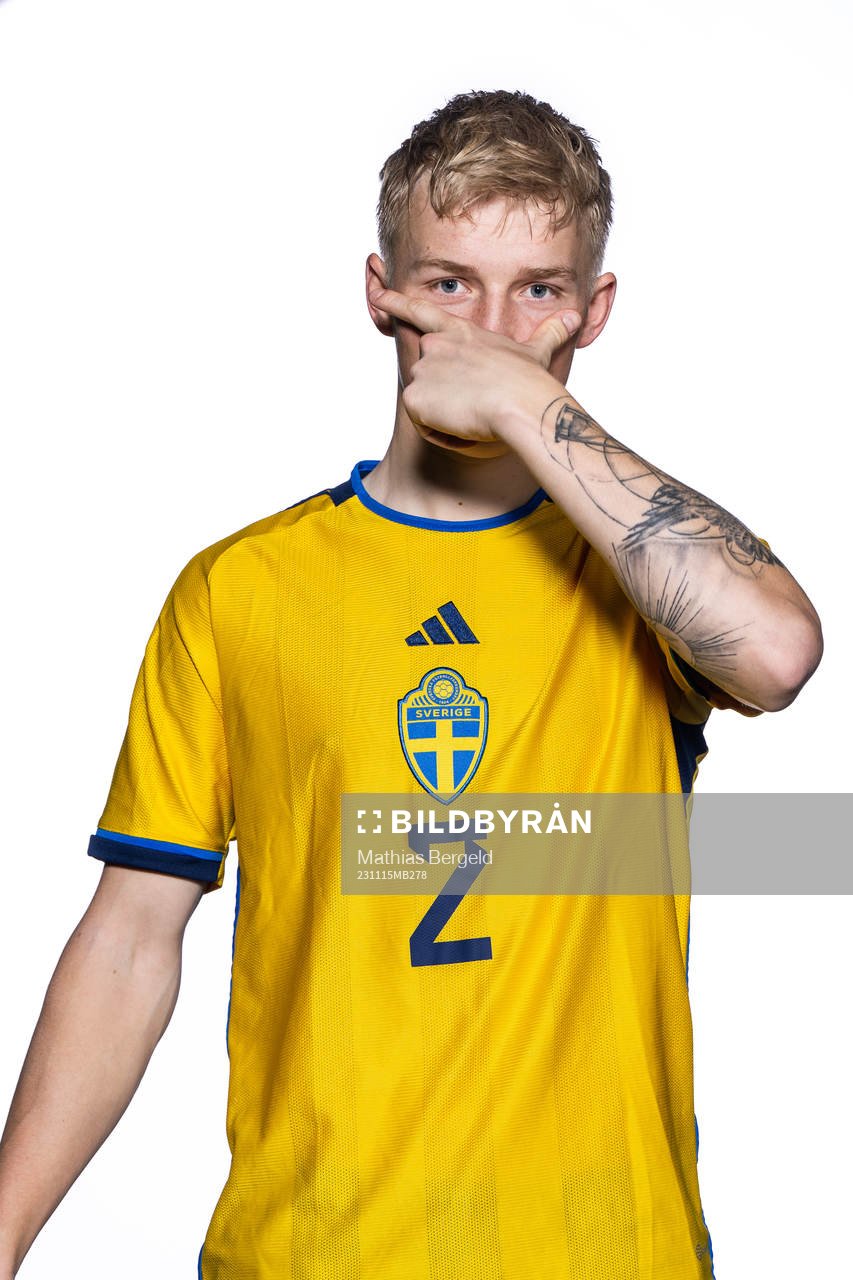 Melker Widell of the Swedish under-21 national football team poses for a portrait on November 15, 2023 in Borås. 