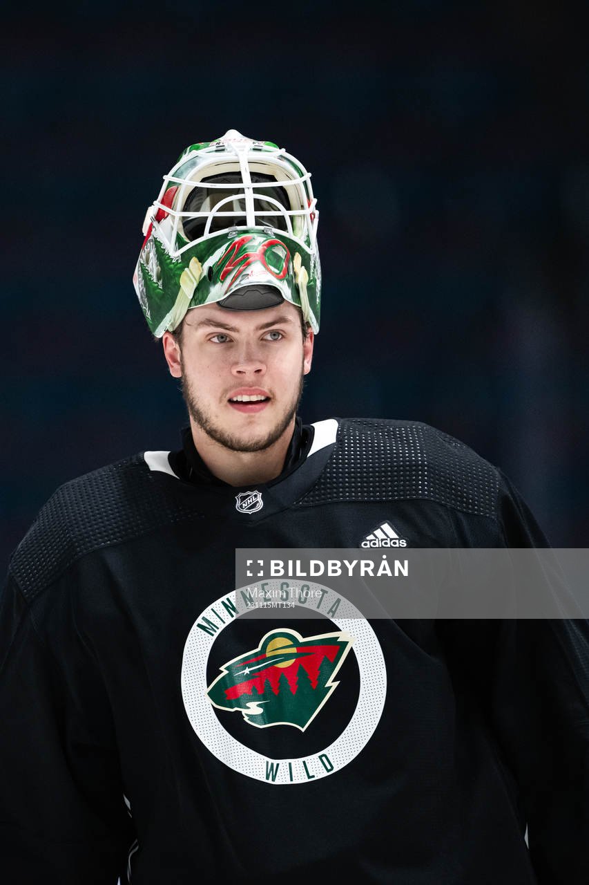 Goaltender Jesper Wallstedt of Minnesota Wild at a practice