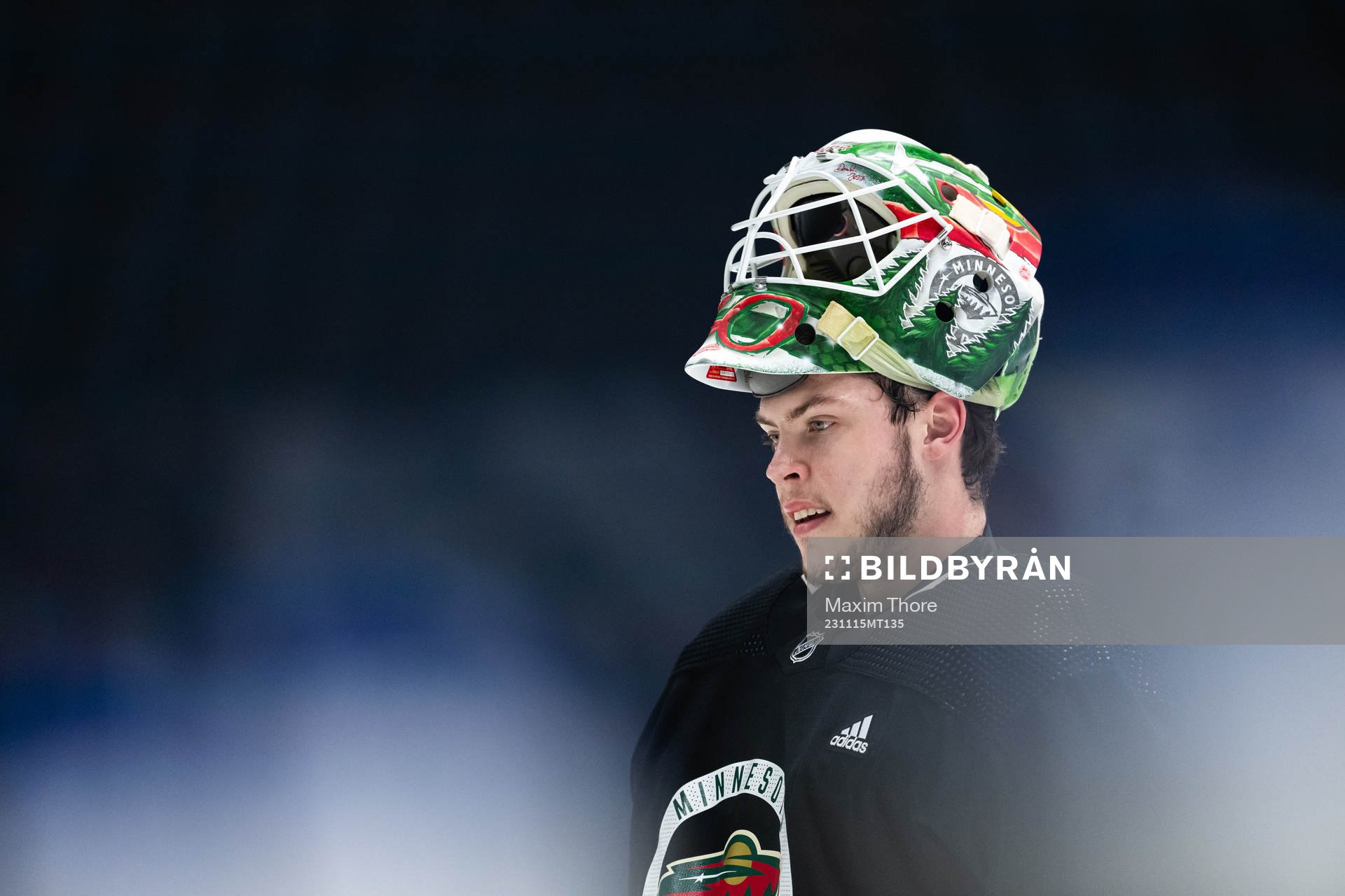 Goaltender Jesper Wallstedt of Minnesota Wild at a practice