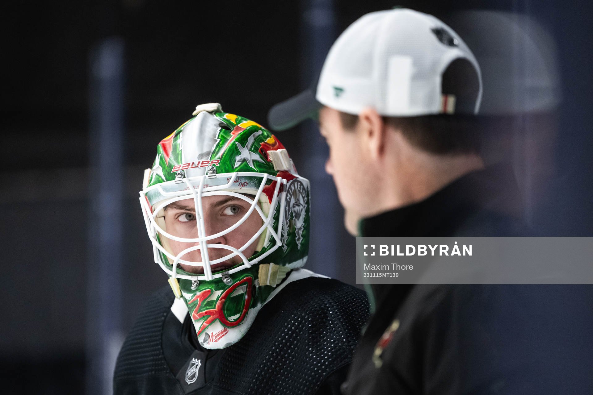 Goaltender Jesper Wallstedt of Minnesota Wild at a practice