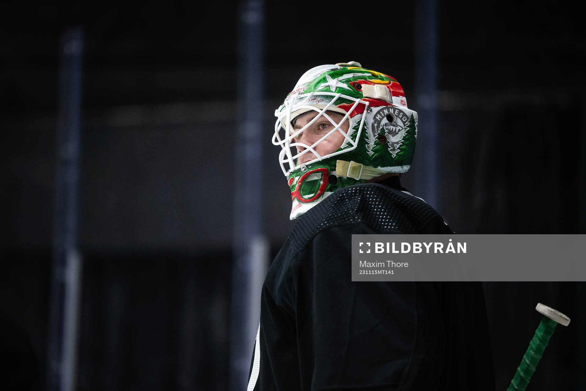 Goaltender Jesper Wallstedt of Minnesota Wild at a practice