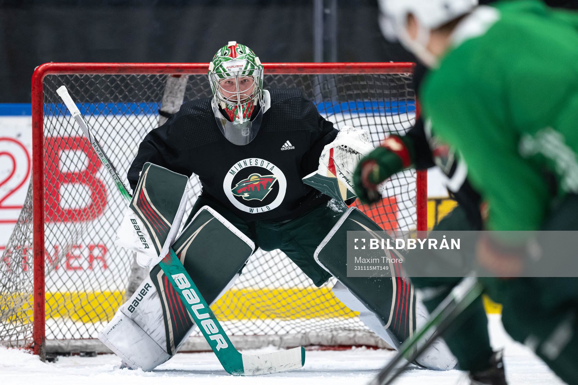 Goaltender Filip Gustavsson of Minnesota Wild at a practice