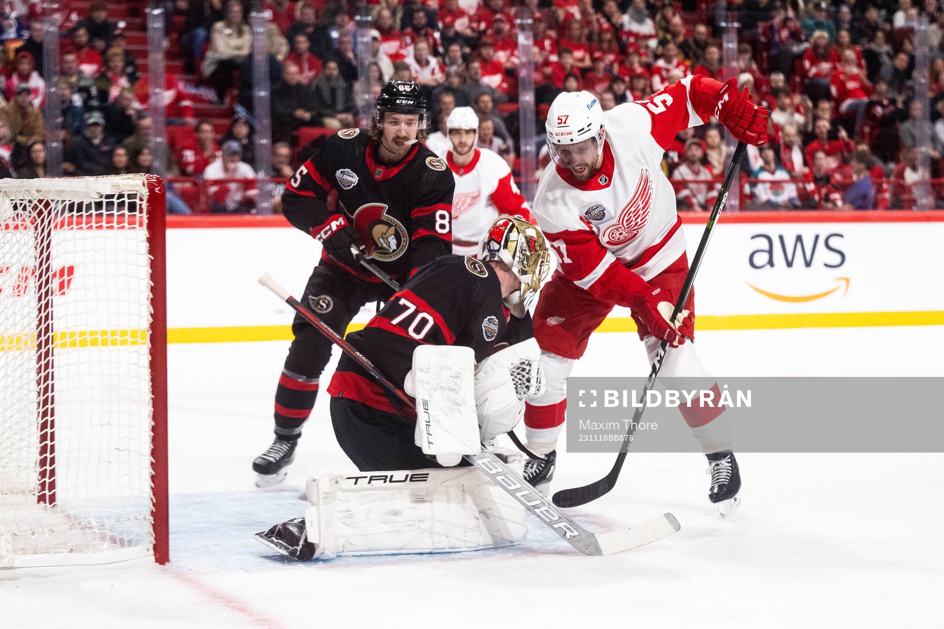 Brady Tkachukof Ottawa Senators and David Perron of Detroit