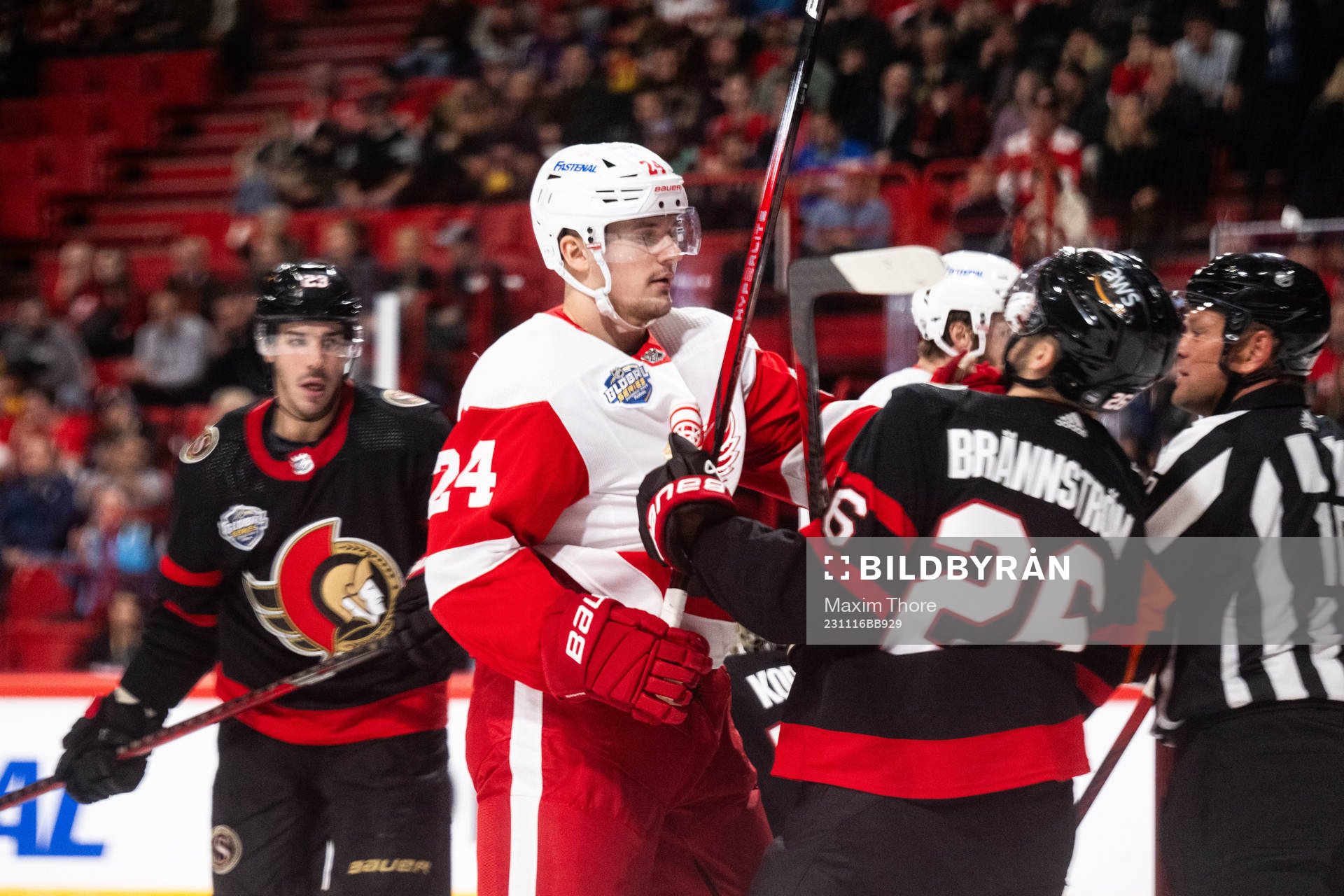 Klim Kostin of Detroit Red Wings and Erik Brännström of
