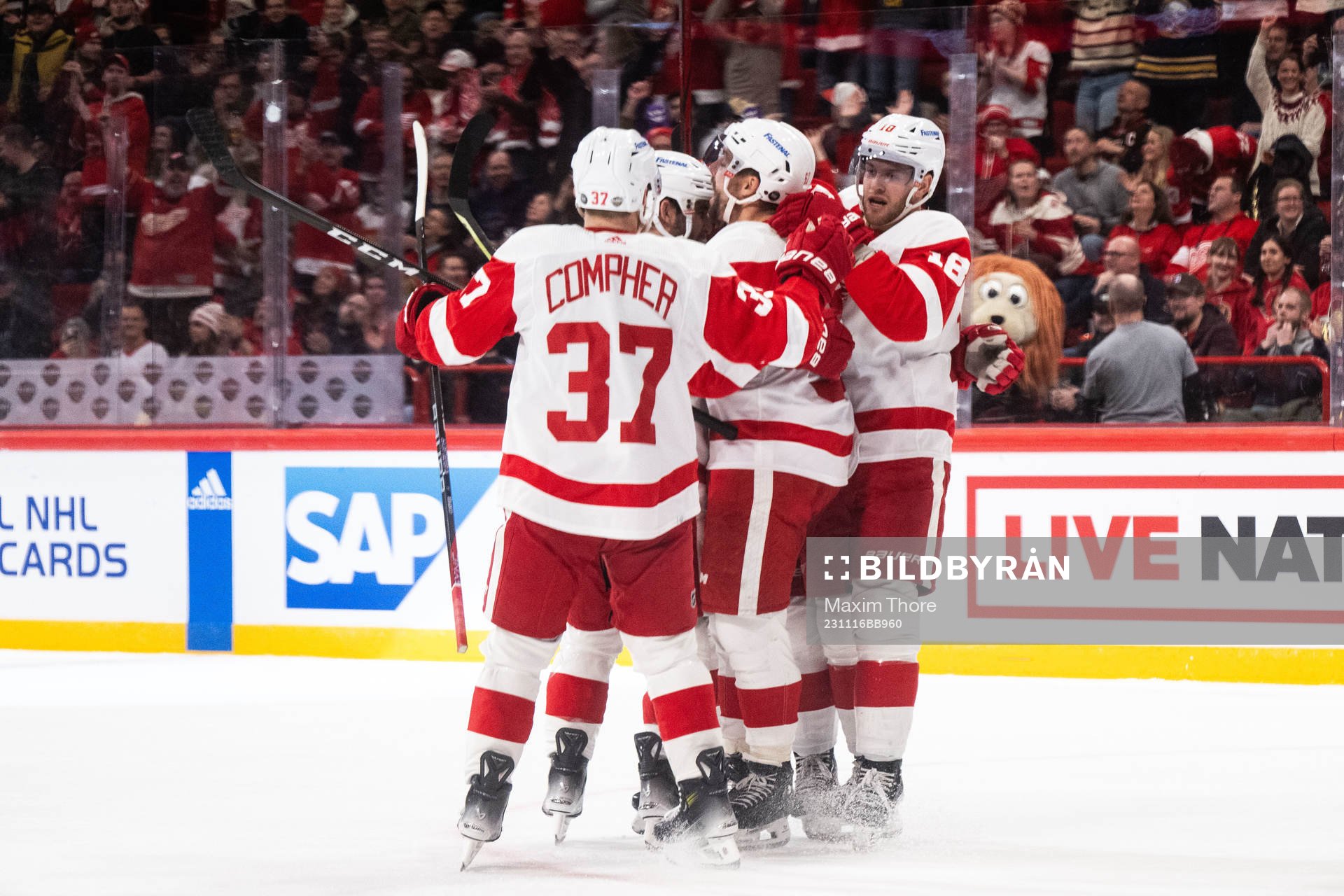 David Perron of Detroit Red Wings celebrates with team mates