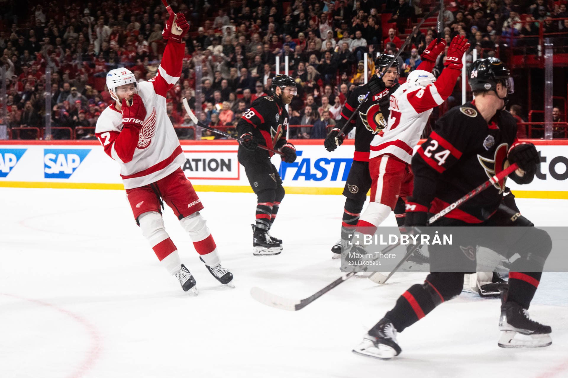 T Compher and David Perron of Detroit Red Wings celebrate