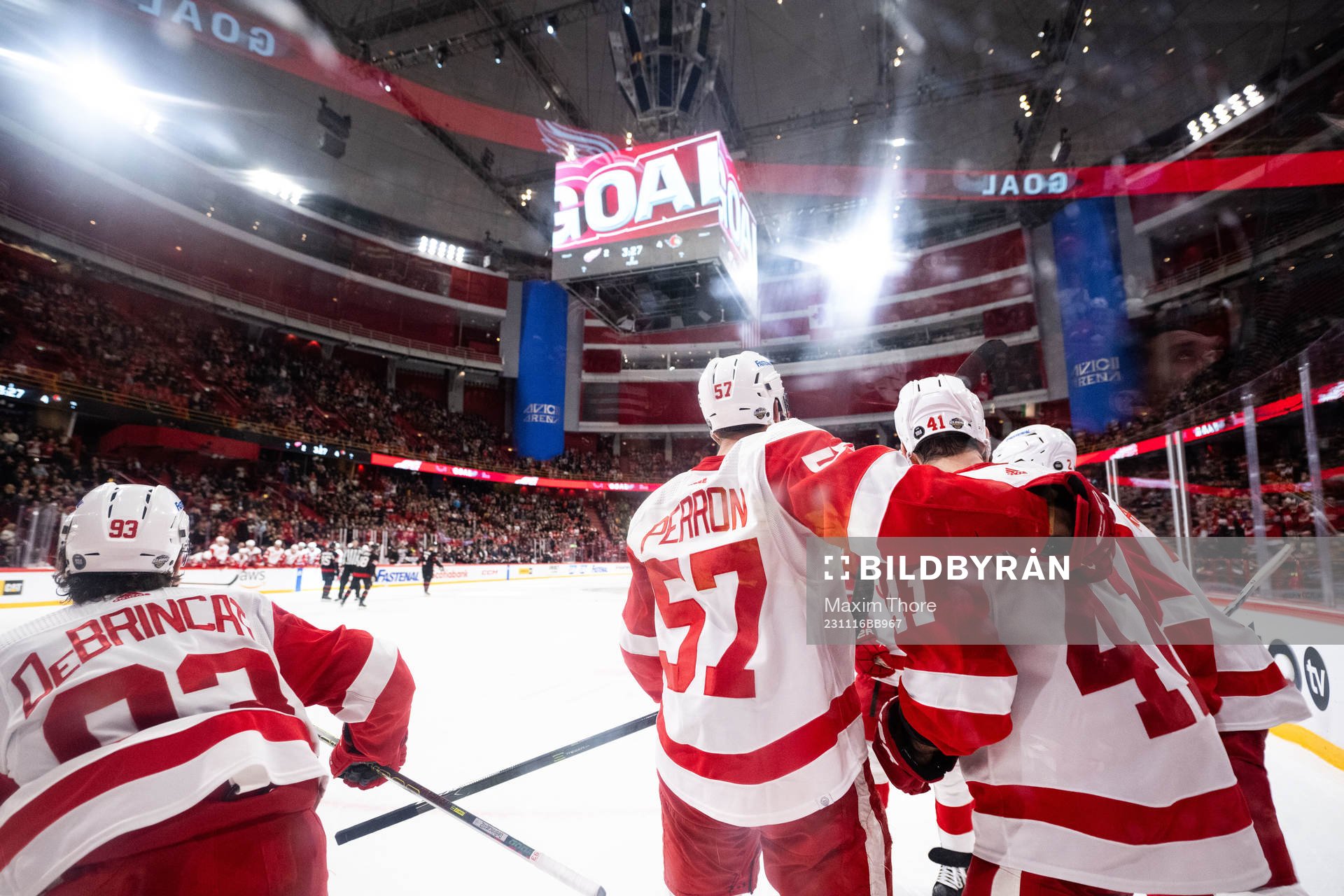 Alex DeBrincat of Detroit Red Wings celebrates with team