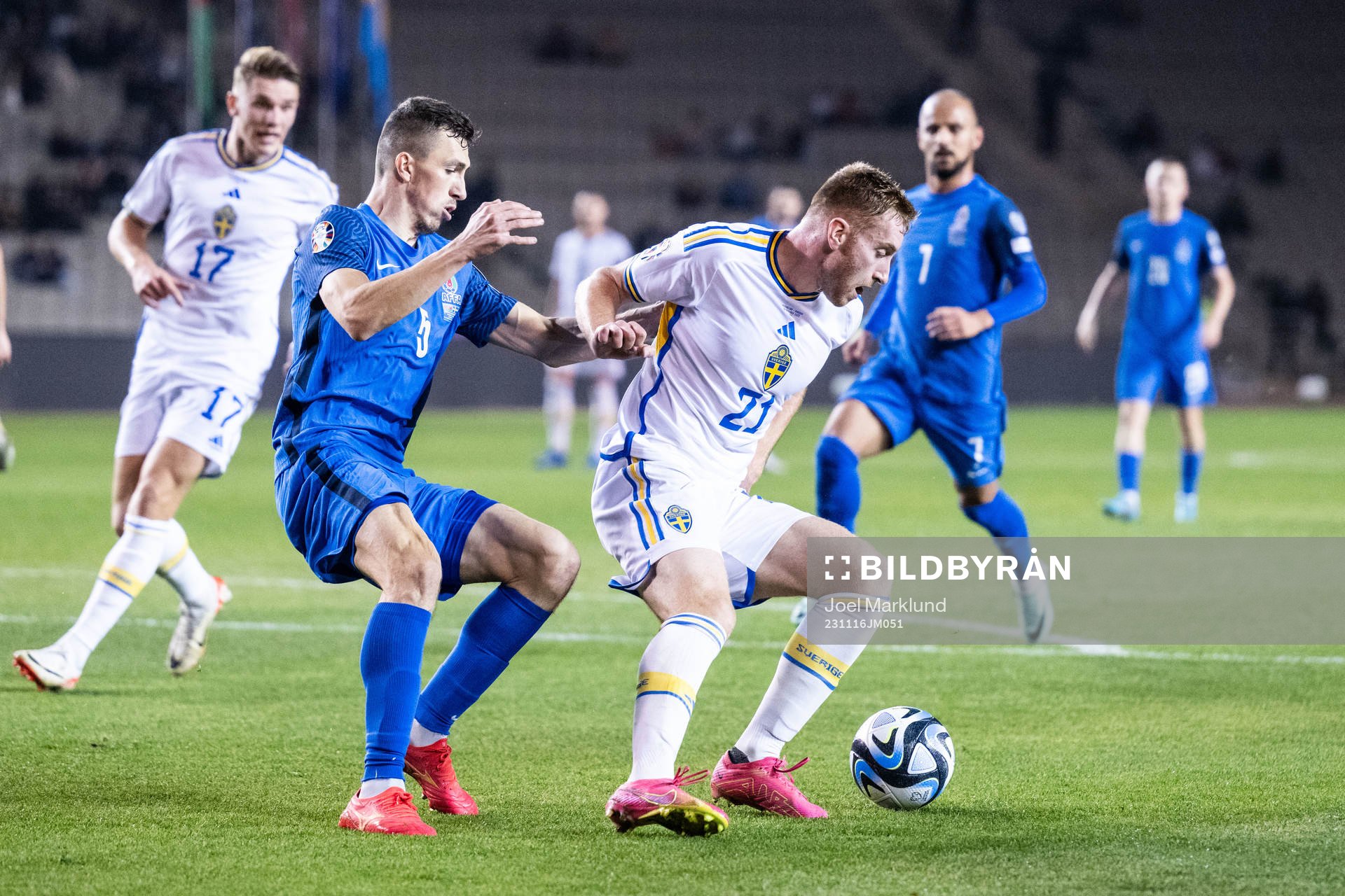 Anton Krivotsyuk of Azerbaijan and Dejan Kulusevski of Sweden during the UEFA Euro Qualifier football match between Azerbaijan and Sweden on November 16, 2023 in Baku.
