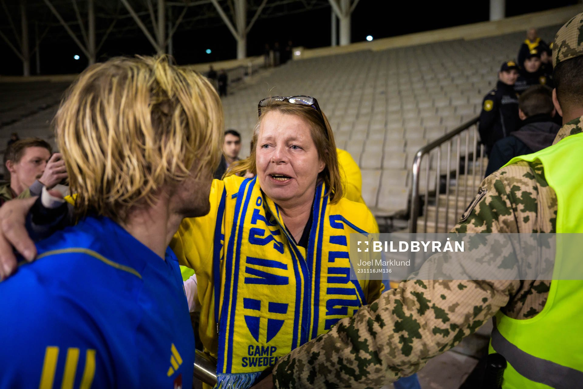 Emil Forsberg of Sweden hugs Swedish supporter Lisen Altis,