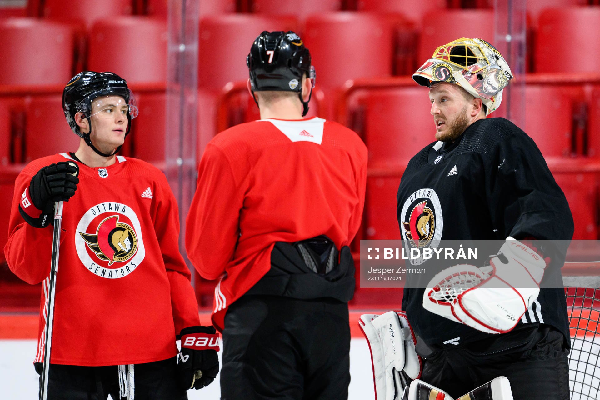 Tim Stutzle, Brady Tkachuk and goalkeeper Anton Forsberg of