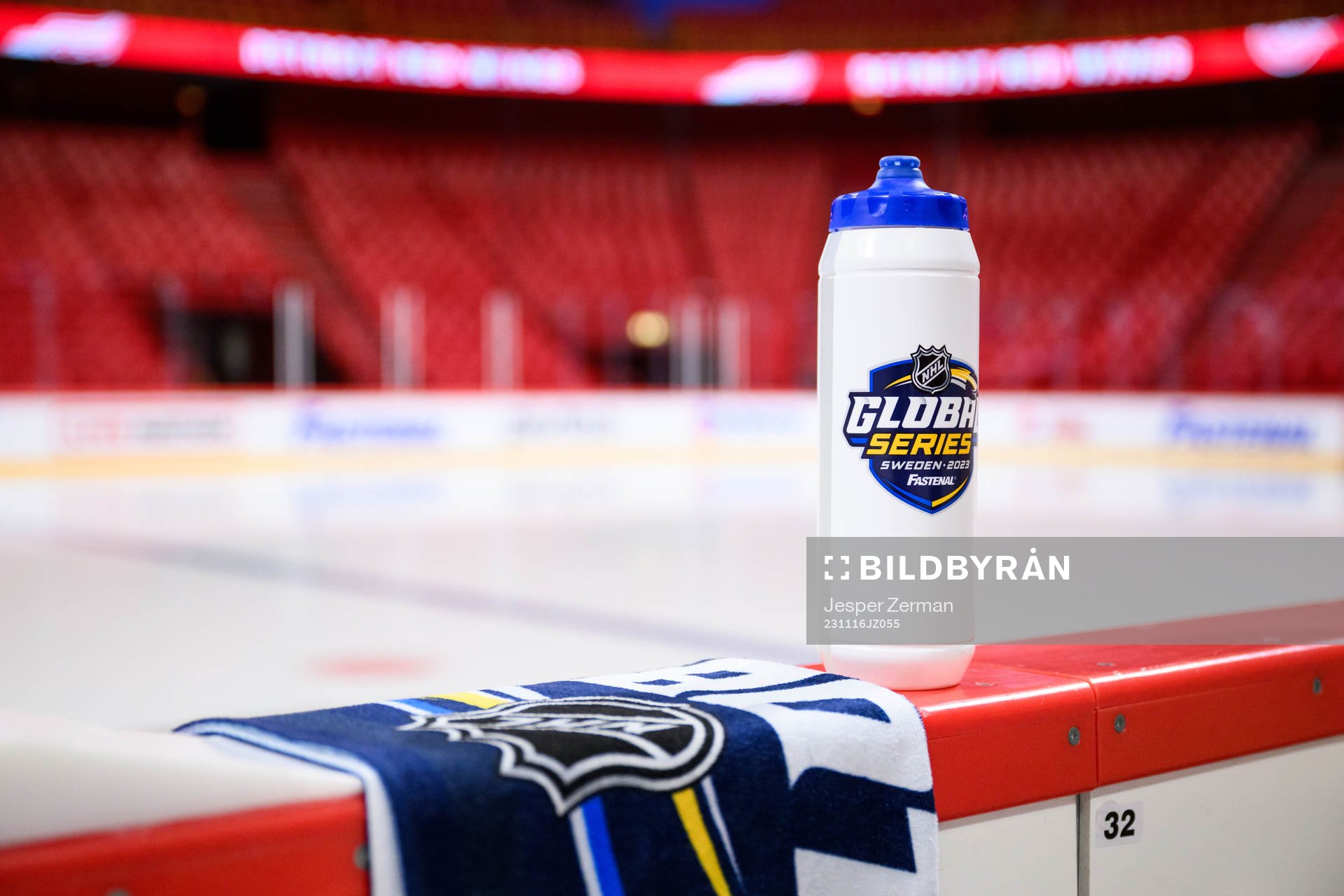 A water bottle with the NHL Global Series Logotype