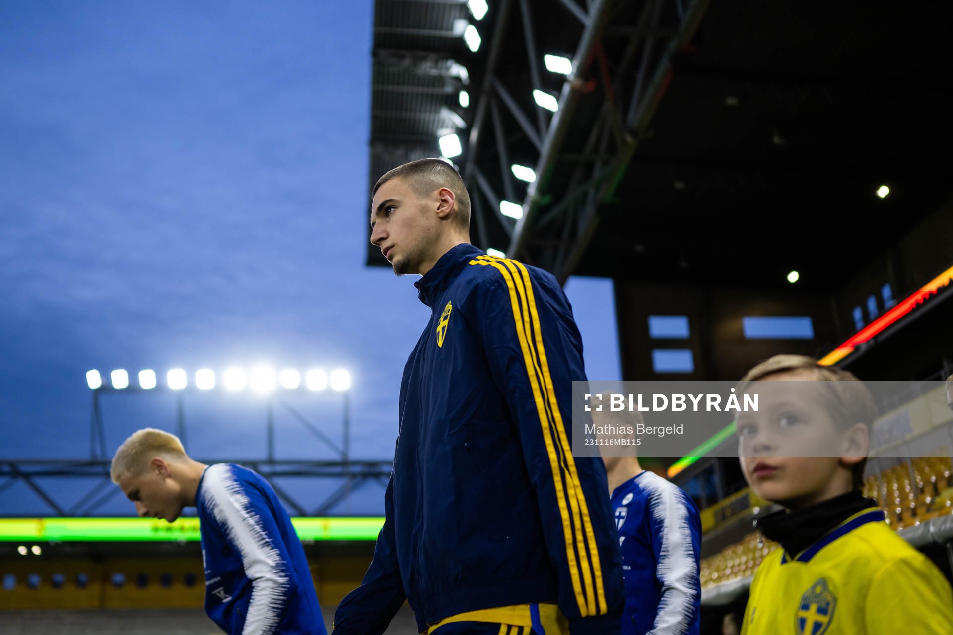 Noah Eile of Sweden enters the pitch